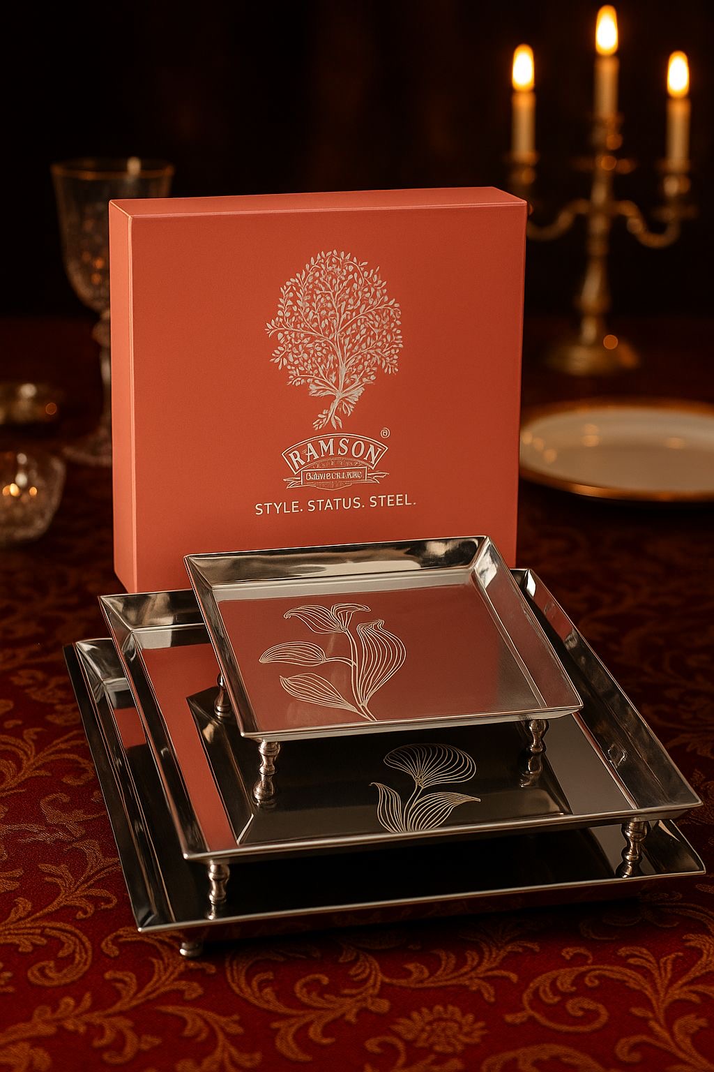 4 pcs Utsav square platter set with leg