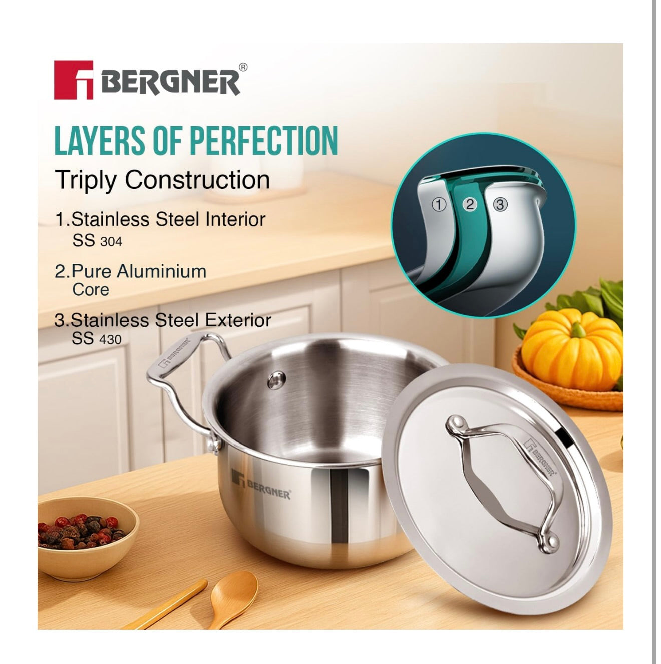 Bergner Argent Junior Chef TriPly Stainless Steel 12cm (800ml) Casserole with Stainless Steel Lid, Mini Casserole, Durable, Less Oil Use, Healthy, Non-Toxic, Easy Clean - Induction and Gas Stove Ready