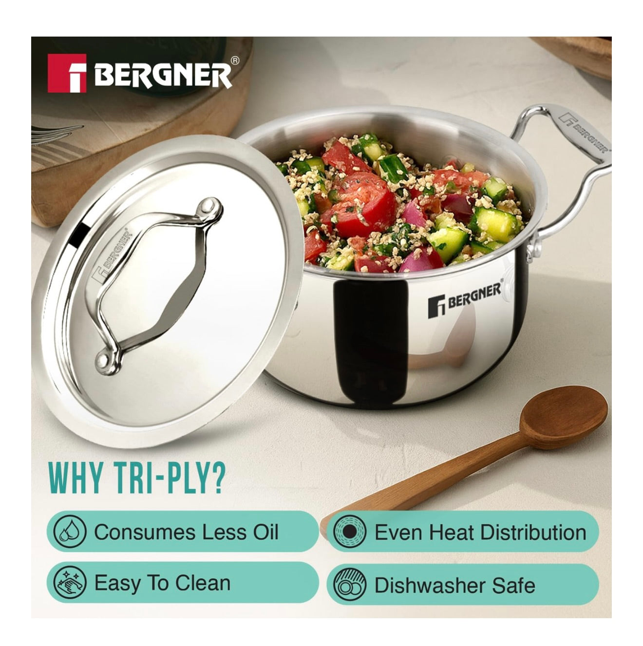 Bergner Argent Junior Chef TriPly Stainless Steel 12cm (800ml) Casserole with Stainless Steel Lid, Mini Casserole, Durable, Less Oil Use, Healthy, Non-Toxic, Easy Clean - Induction and Gas Stove Ready