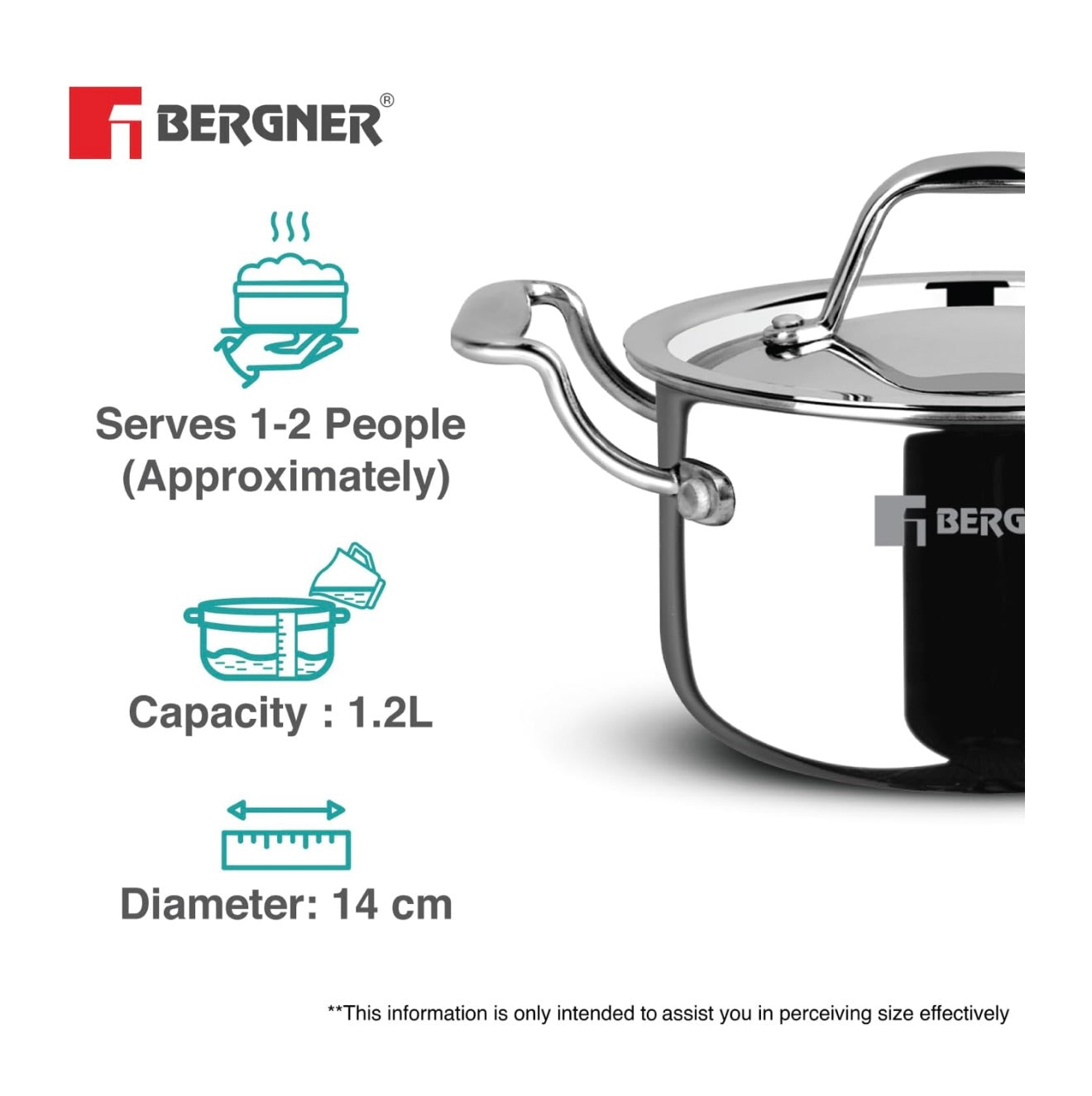 Bergner Argent Junior Chef TriPly Stainless Steel 14cm (1.2 L) Casserole with Stainless Steel Lid, Mini Casserole, Durable, Less Oil Use, Healthy, Non-Toxic, Easy Clean - Induction and Gas Stove Ready