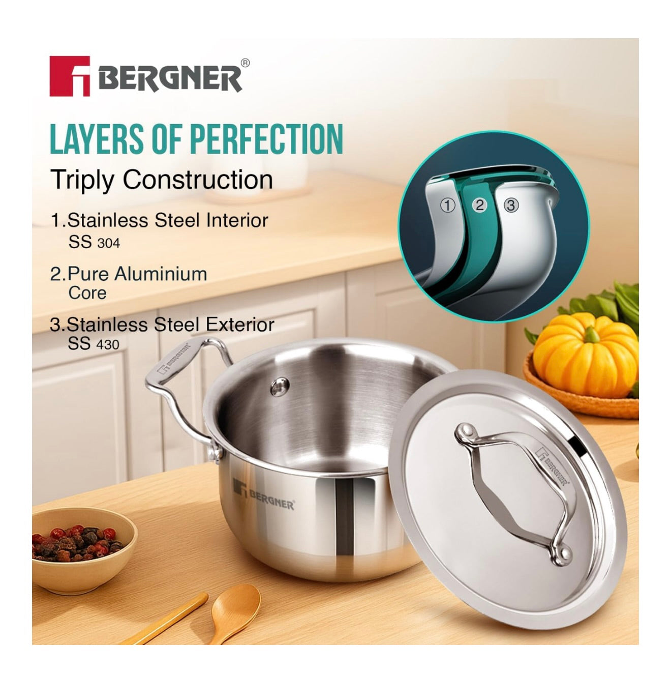 Bergner Argent Junior Chef TriPly Stainless Steel 14cm (1.2 L) Casserole with Stainless Steel Lid, Mini Casserole, Durable, Less Oil Use, Healthy, Non-Toxic, Easy Clean - Induction and Gas Stove Ready