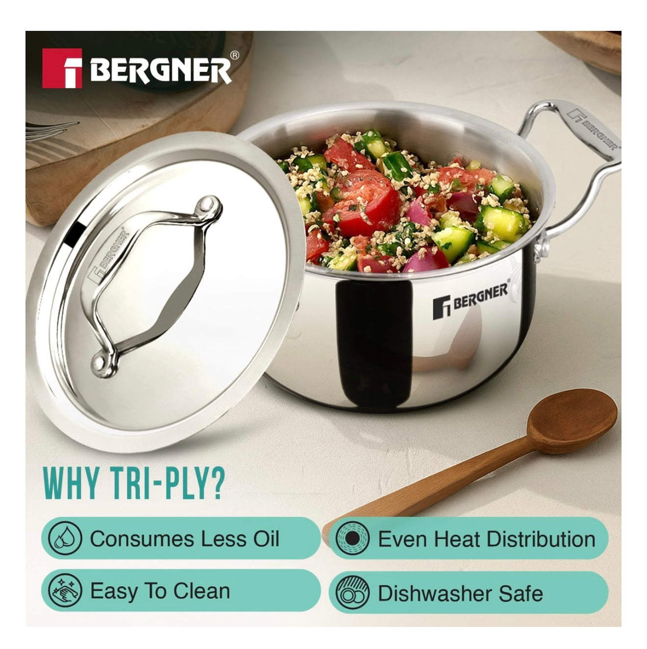 Bergner Argent Junior Chef TriPly Stainless Steel 16cm (1.6 L) Casserole with Stainless Steel Lid, Mini Casserole, Durable, Less Oil Use, Healthy, Non-Toxic, Easy Clean - Induction and Gas Stove Ready
