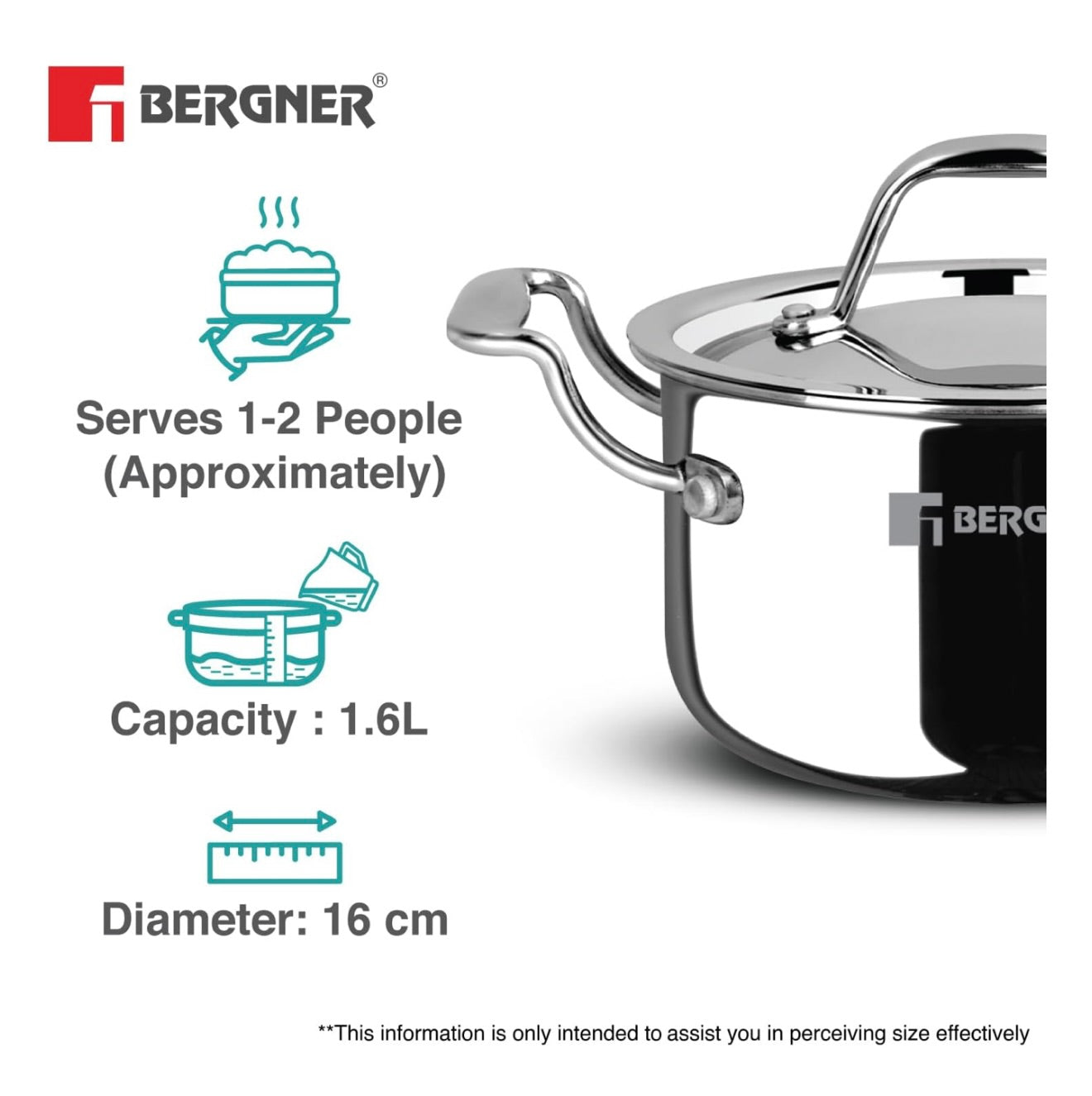 Bergner Argent Junior Chef TriPly Stainless Steel 16cm (1.6 L) Casserole with Stainless Steel Lid, Mini Casserole, Durable, Less Oil Use, Healthy, Non-Toxic, Easy Clean - Induction and Gas Stove Ready