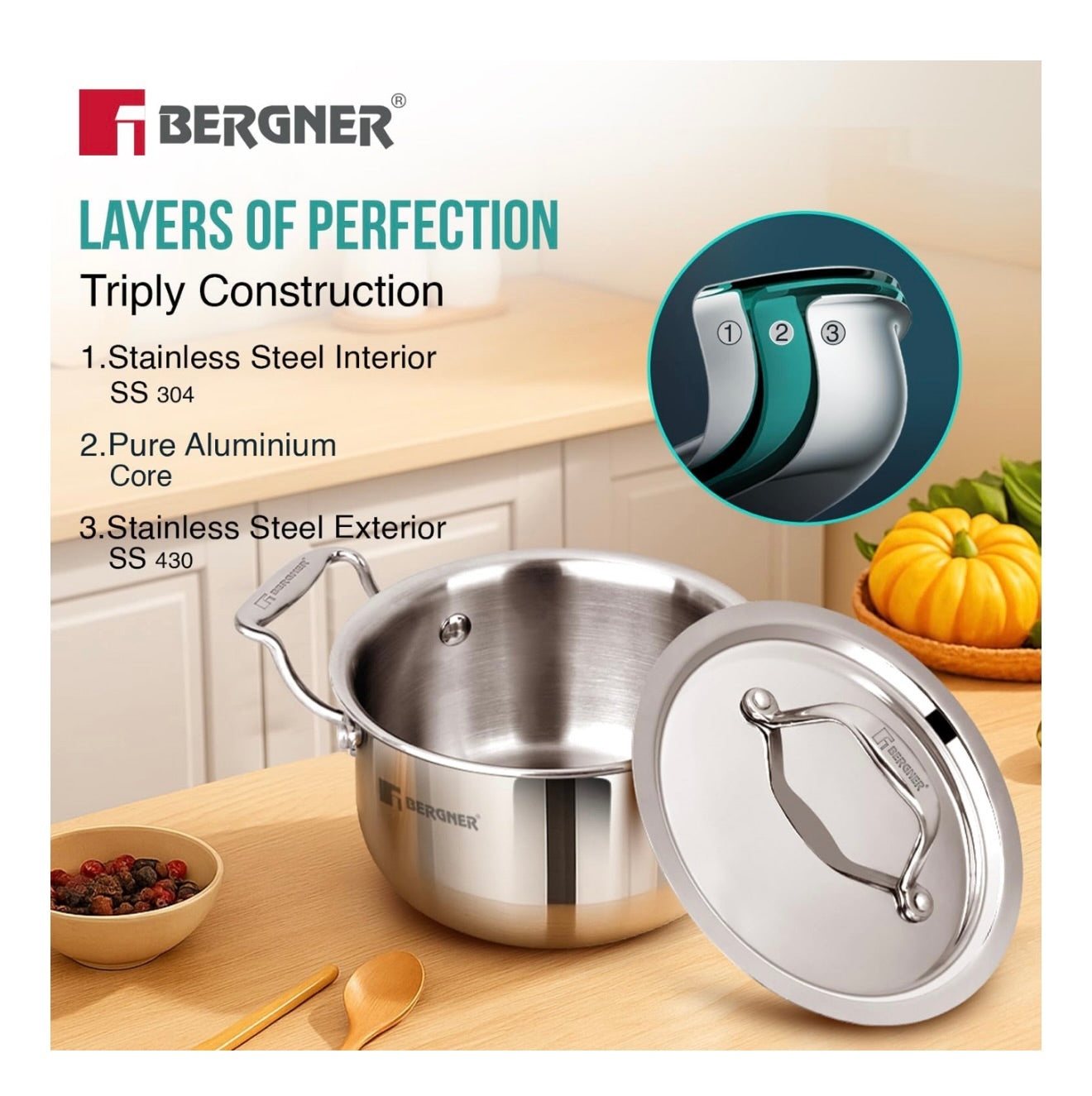 Bergner Argent Junior Chef TriPly Stainless Steel 18cm (2 L) Casserole with Stainless Steel Lid, Mini Casserole, Durable, Less Oil Use, Healthy, Non-Toxic, Easy Clean - Induction and Gas Stove Ready