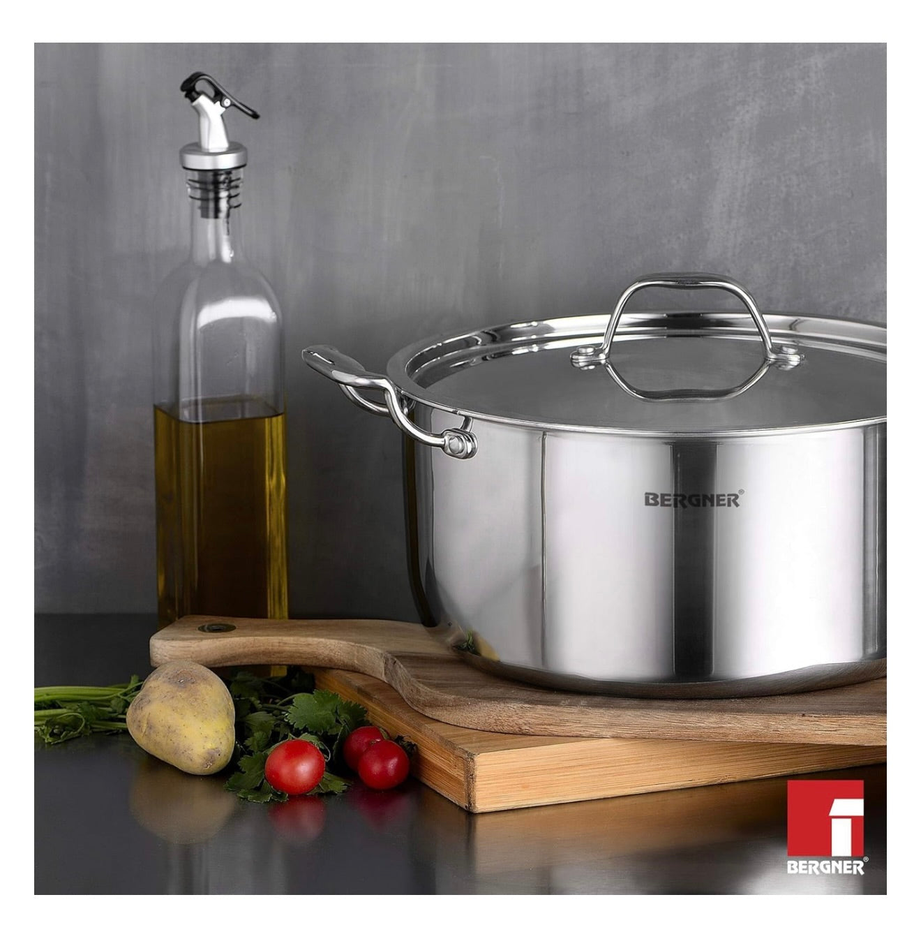 Bergner Argent TriPly Stainless Steel 20cm Casserole with Stainless Steel Lid, 3.1 Liters Casserole, Stay Cool Cast Handle, Less Oil Use, Healthy Cooking, Food Safe, Durable - Induction and Gas Ready