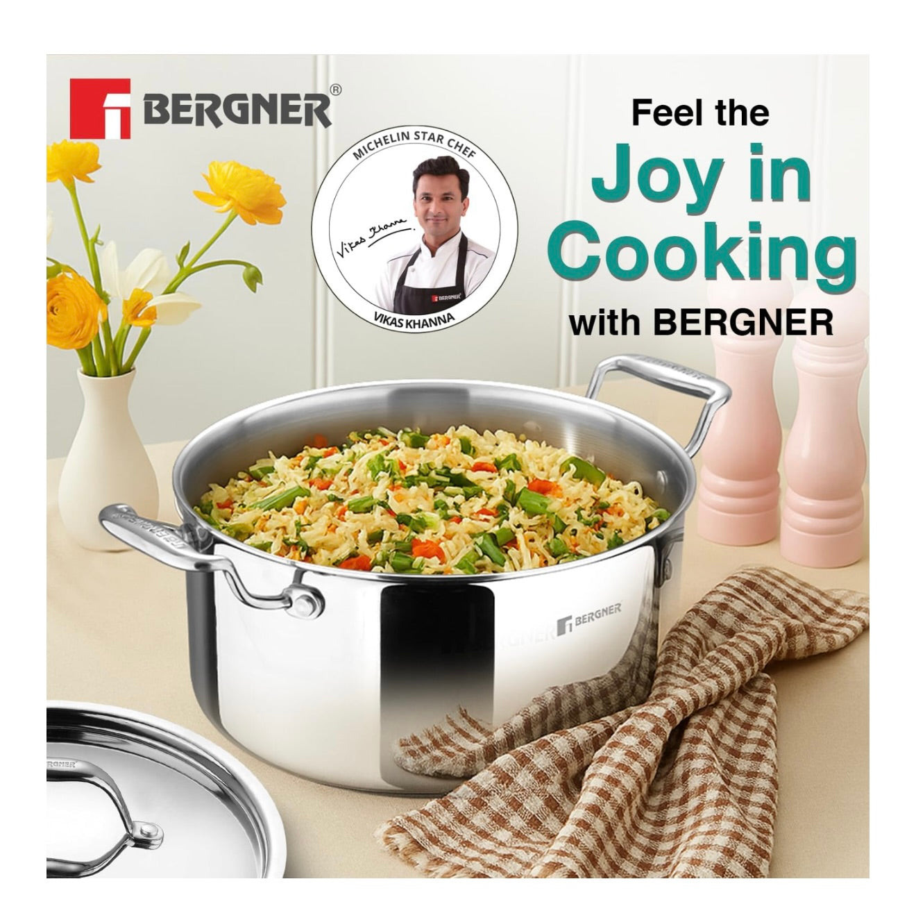 Bergner Argent TriPly Stainless Steel 20cm Casserole with Stainless Steel Lid, 3.1 Liters Casserole, Stay Cool Cast Handle, Less Oil Use, Healthy Cooking, Food Safe, Durable - Induction and Gas Ready