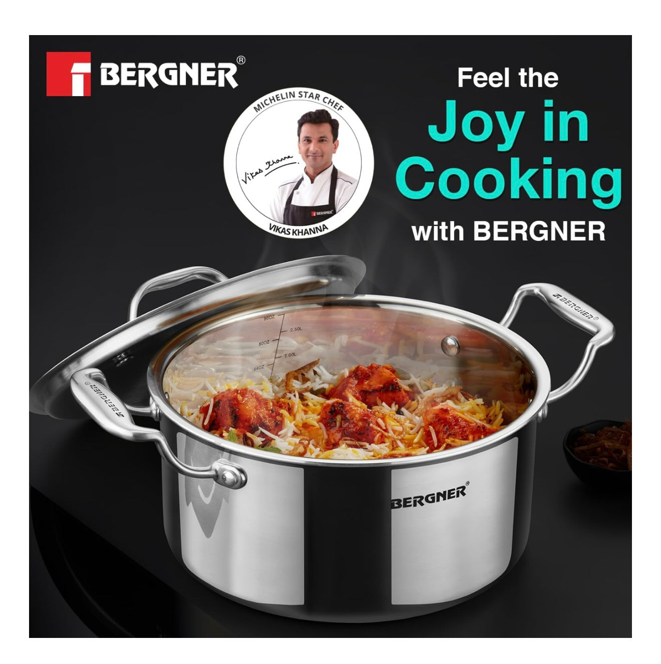 Bergner Argent TriPly Stainless Steel 20cm Casserole with Stainless Steel Lid, 3.1 Liters Casserole, Stay Cool Cast Handle, Less Oil Use, Healthy Cooking, Food Safe, Durable - Induction and Gas Ready