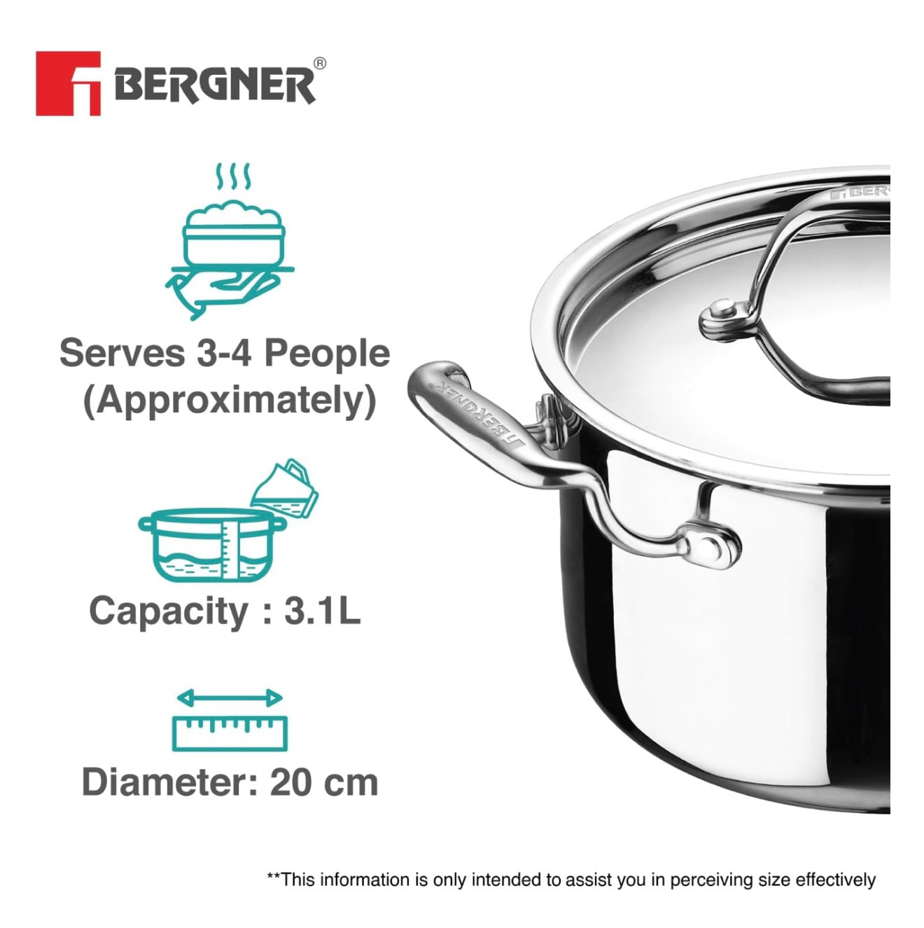 Bergner Argent TriPly Stainless Steel 20cm Casserole with Stainless Steel Lid, 3.1 Liters Casserole, Stay Cool Cast Handle, Less Oil Use, Healthy Cooking, Food Safe, Durable - Induction and Gas Ready