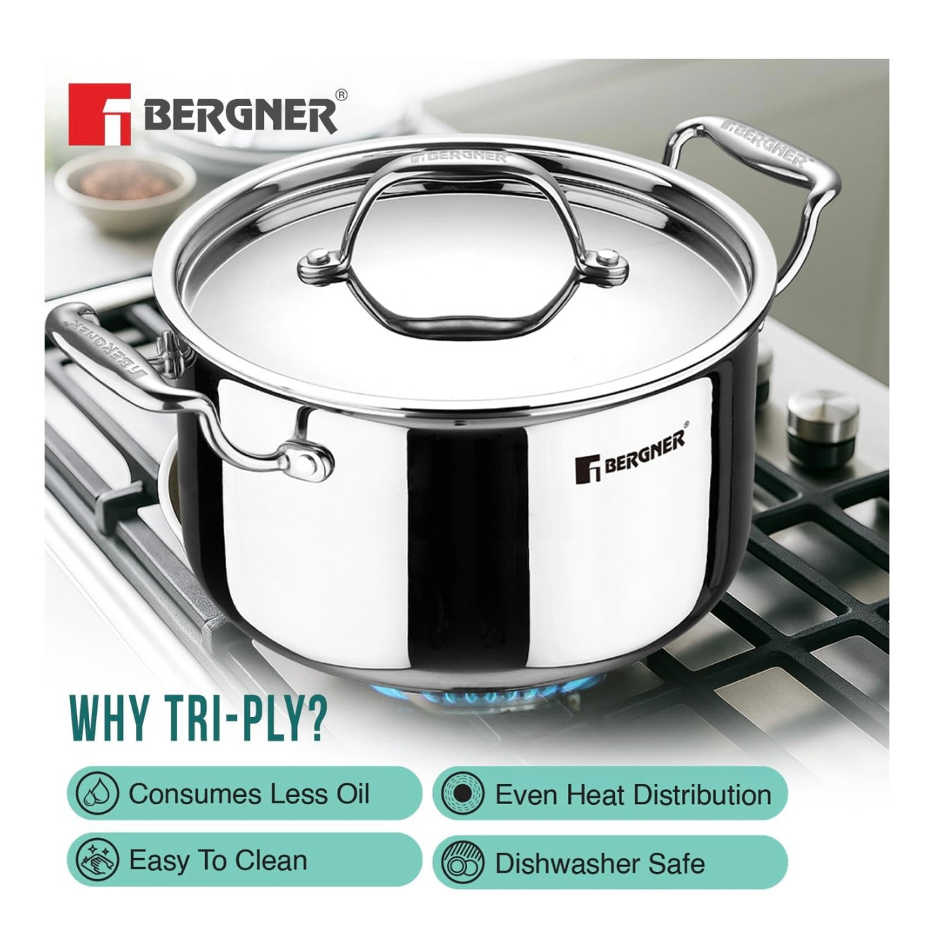 Bergner Argent TriPly Stainless Steel 20cm Casserole with Stainless Steel Lid, 3.1 Liters Casserole, Stay Cool Cast Handle, Less Oil Use, Healthy Cooking, Food Safe, Durable - Induction and Gas Ready