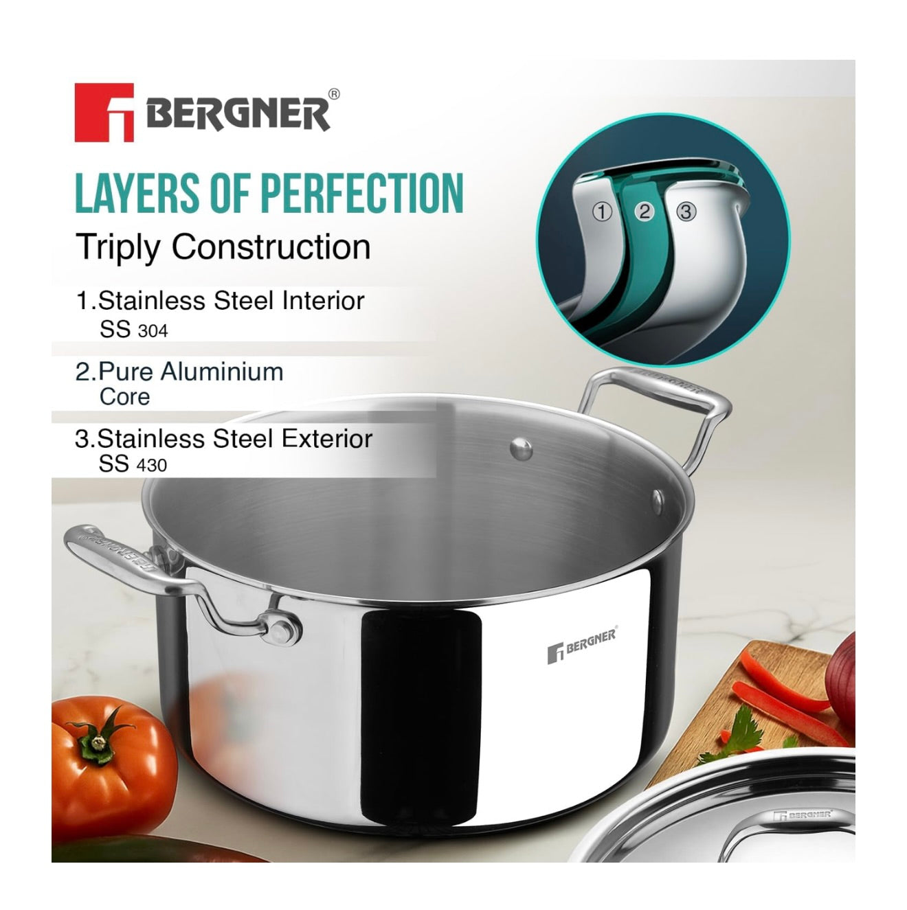 Bergner Argent TriPly Stainless Steel 20cm Casserole with Stainless Steel Lid, 3.1 Liters Casserole, Stay Cool Cast Handle, Less Oil Use, Healthy Cooking, Food Safe, Durable - Induction and Gas Ready