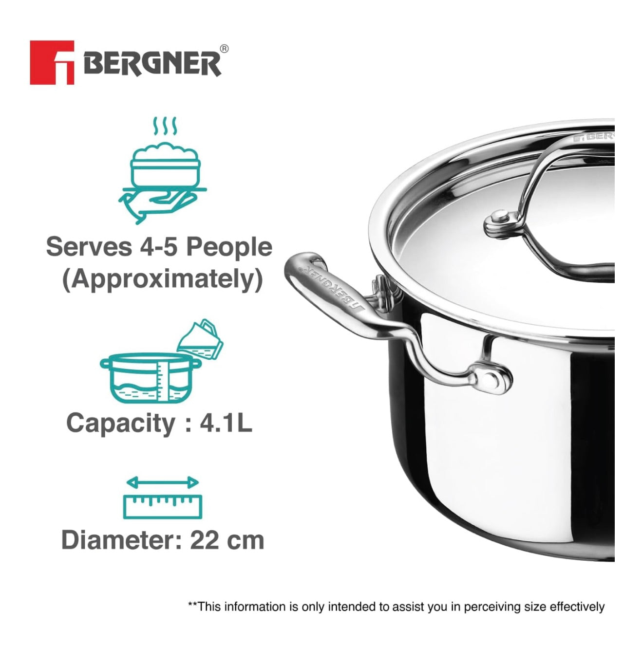 Bergner Argent TriPly Stainless Steel 22cm Casserole with Stainless Steel Lid, 4.1 Liters Casserole, Stay Cool Cast Handle, Less Oil Use, Healthy Cooking, Food Safe, Durable - Induction and Gas Ready