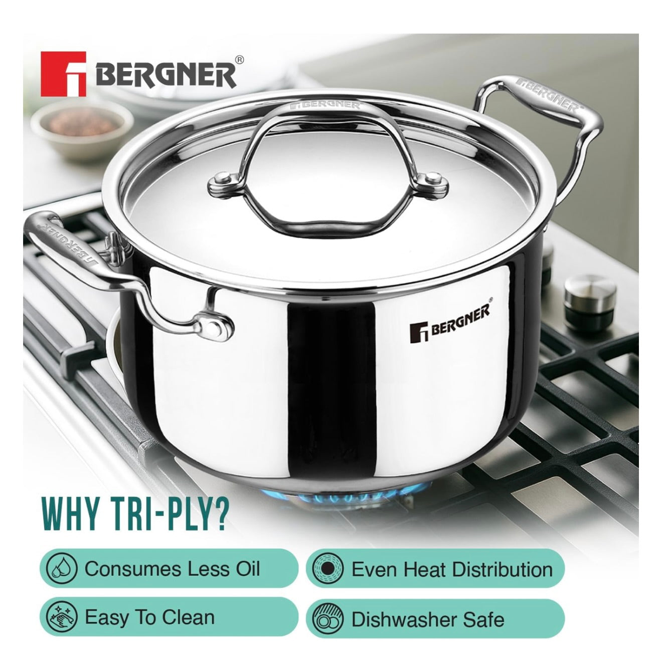 Bergner Argent TriPly Stainless Steel 24cm Casserole with Stainless Steel Lid, 5.3 Liters Casserole, Stay Cool Cast Handle, Less Oil Use, Healthy Cooking, Food Safe, Durable - Induction and Gas Ready