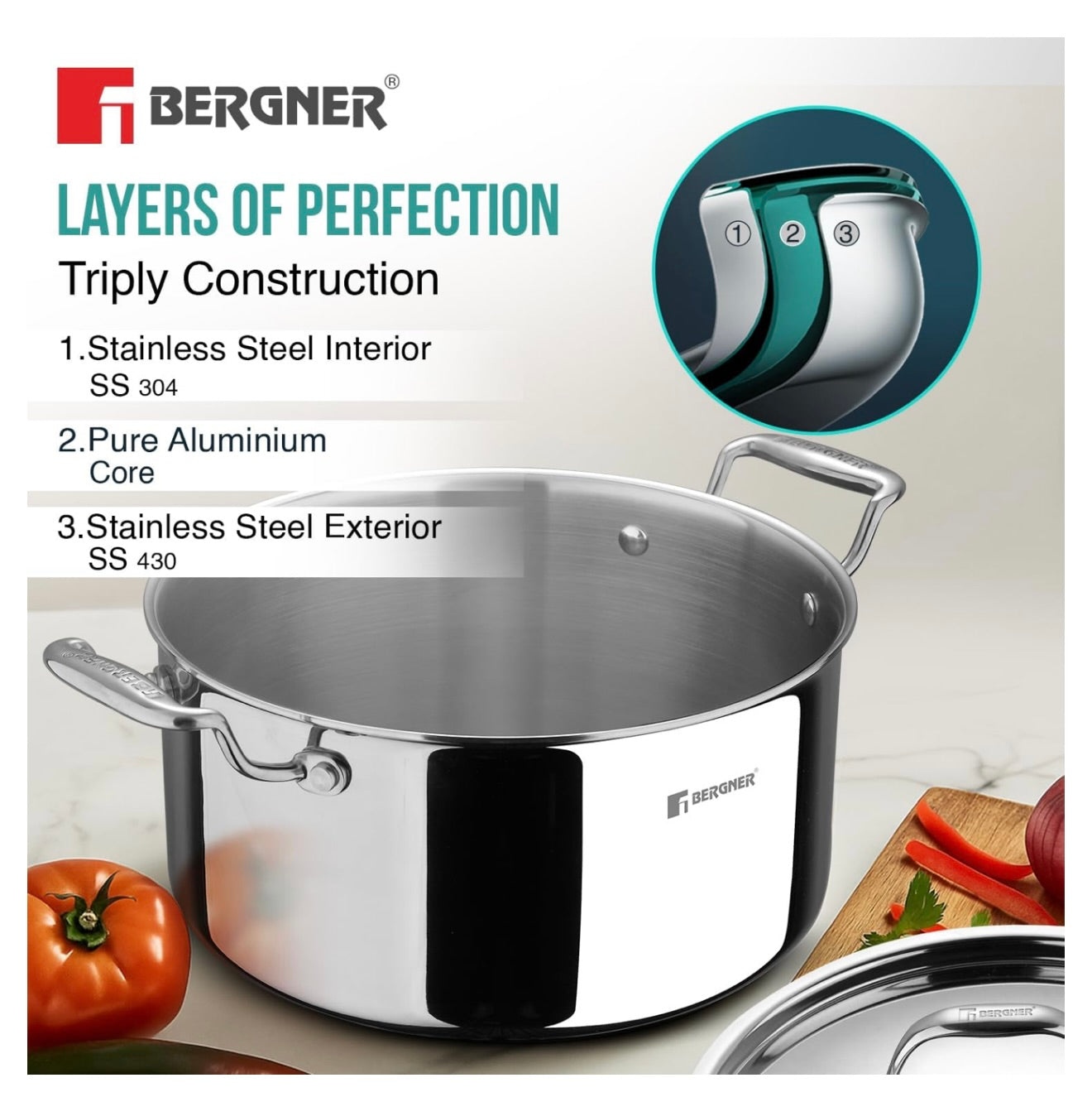 Bergner Argent TriPly Stainless Steel 24cm Casserole with Stainless Steel Lid, 5.3 Liters Casserole, Stay Cool Cast Handle, Less Oil Use, Healthy Cooking, Food Safe, Durable - Induction and Gas Ready