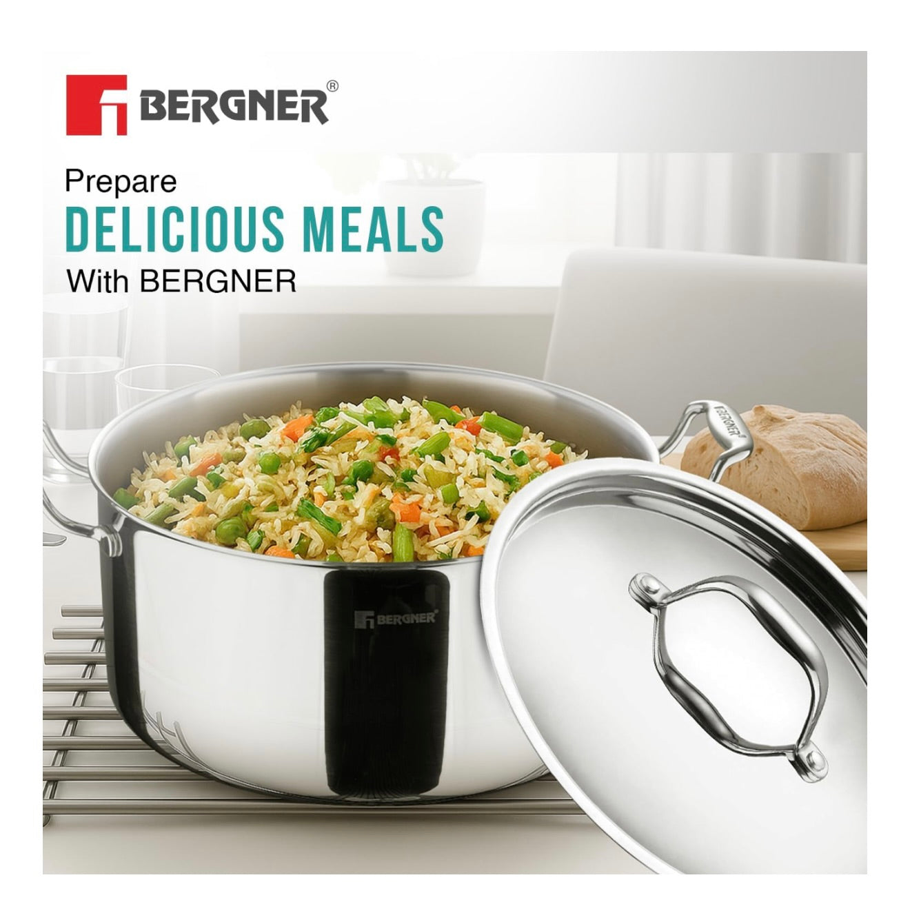 Bergner Argent TriPly Stainless Steel 24cm Casserole with Stainless Steel Lid, 5.3 Liters Casserole, Stay Cool Cast Handle, Less Oil Use, Healthy Cooking, Food Safe, Durable - Induction and Gas Ready