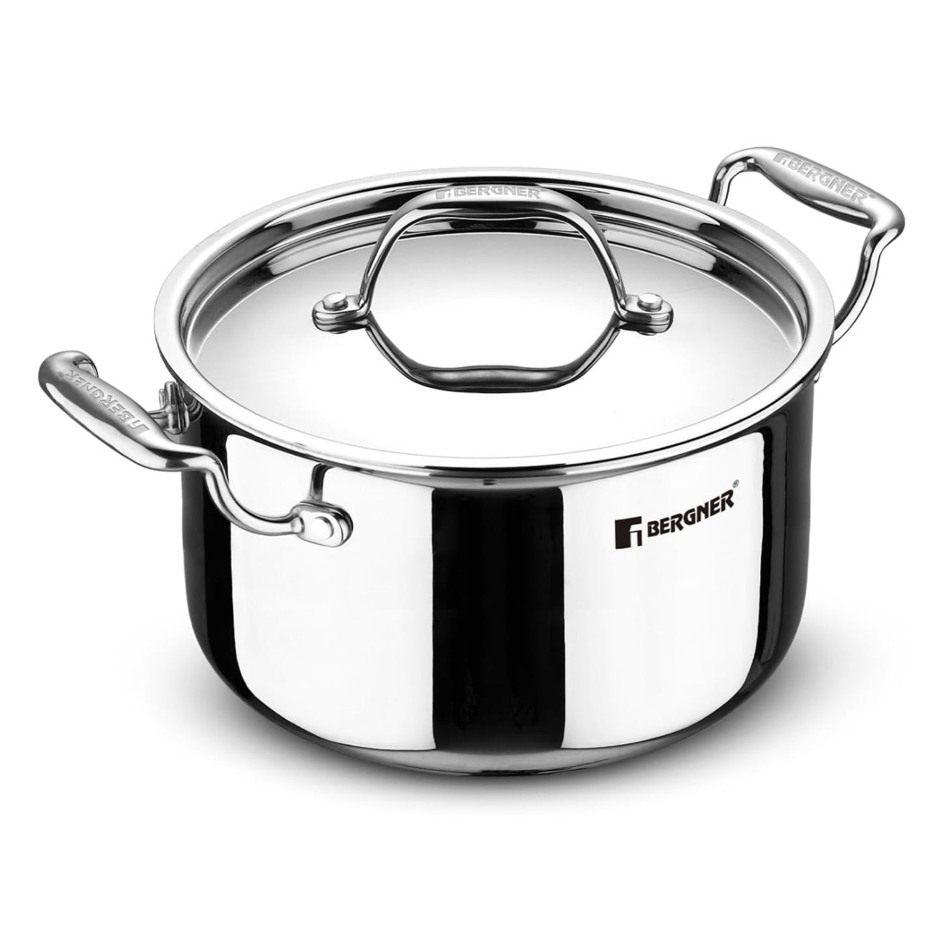Bergner Argent TriPly Stainless Steel 24cm Casserole with Stainless Steel Lid, 5.3 Liters Casserole, Stay Cool Cast Handle, Less Oil Use, Healthy Cooking, Food Safe, Durable - Induction and Gas Ready
