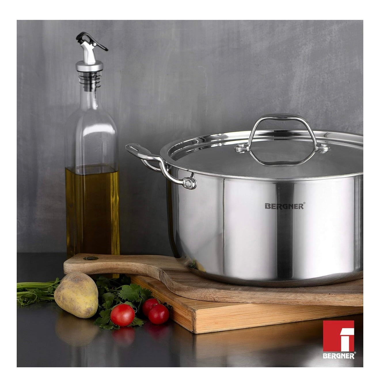 Bergner Argent TriPly Stainless Steel 28 cm Casserole with Stainless Steel Lid, 8.3 Ltr Casserole, Stay Cool Cast Handle, Food Safe, Durable, Dishwasher Safe, Induction and Gas Ready, 5-Year Warranty