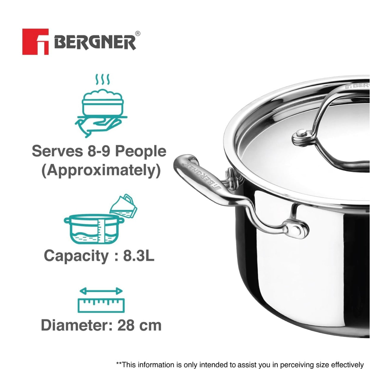 Bergner Argent TriPly Stainless Steel 28 cm Casserole with Stainless Steel Lid, 8.3 Ltr Casserole, Stay Cool Cast Handle, Food Safe, Durable, Dishwasher Safe, Induction and Gas Ready, 5-Year Warranty