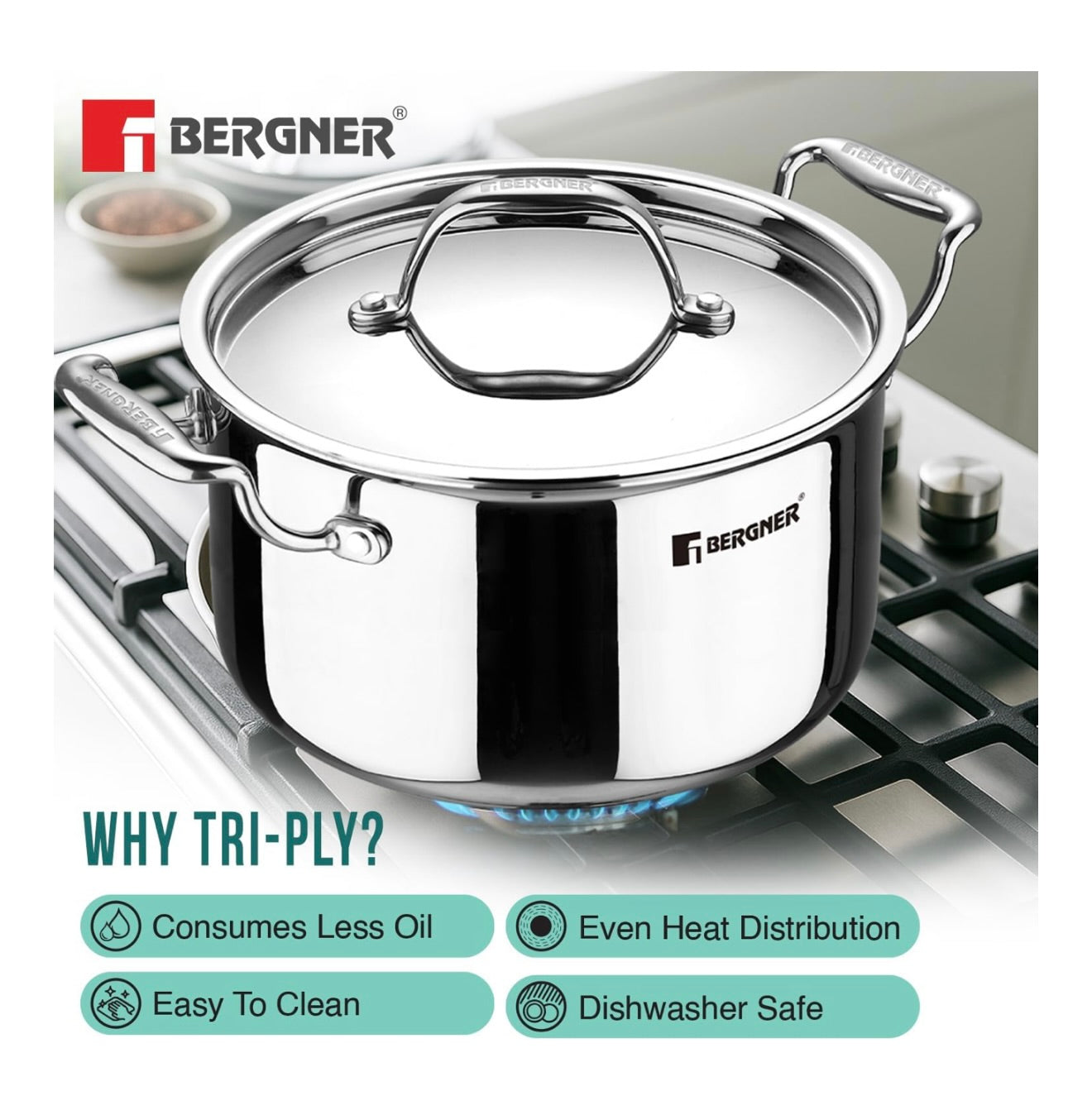 Bergner Argent TriPly Stainless Steel 28 cm Casserole with Stainless Steel Lid, 8.3 Ltr Casserole, Stay Cool Cast Handle, Food Safe, Durable, Dishwasher Safe, Induction and Gas Ready, 5-Year Warranty