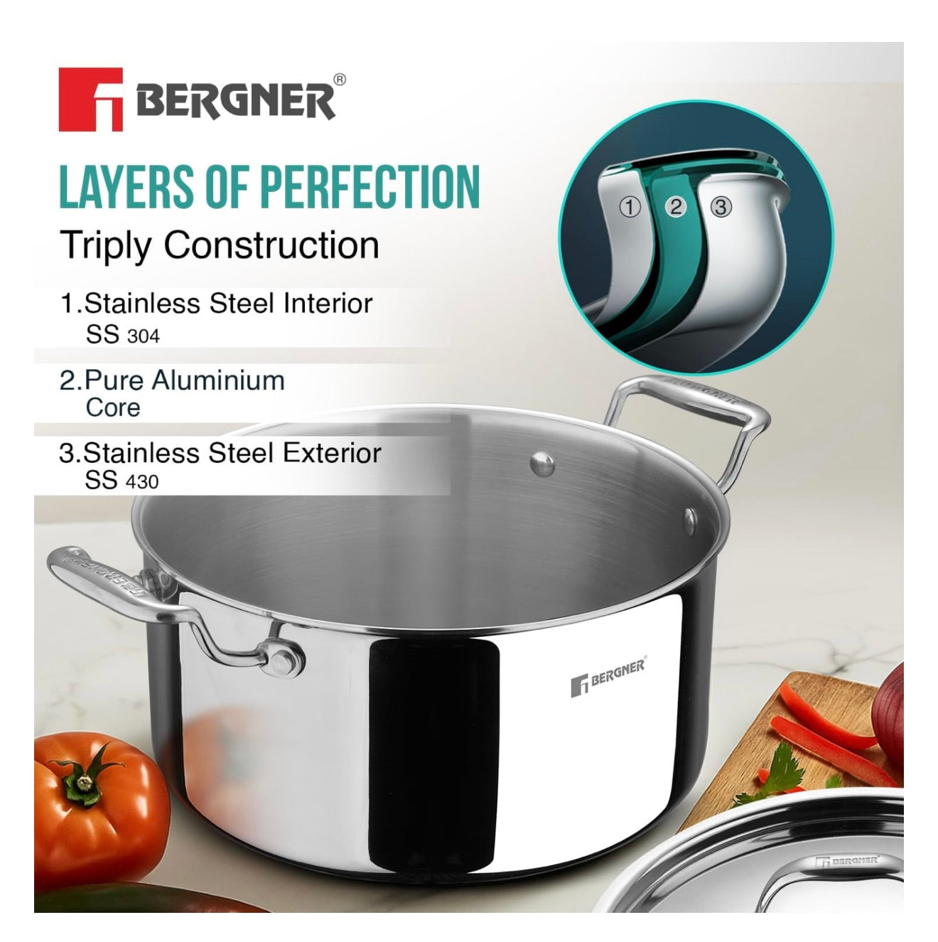 Bergner Argent TriPly Stainless Steel 28 cm Casserole with Stainless Steel Lid, 8.3 Ltr Casserole, Stay Cool Cast Handle, Food Safe, Durable, Dishwasher Safe, Induction and Gas Ready, 5-Year Warranty