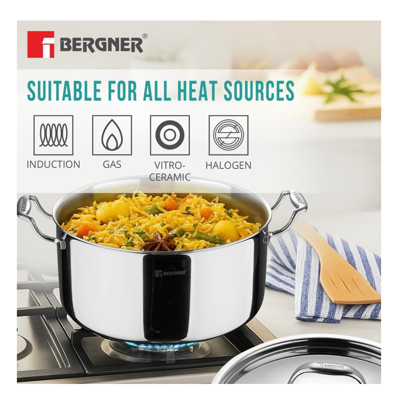 Bergner Argent TriPly Stainless Steel 28 cm Casserole with Stainless Steel Lid, 8.3 Ltr Casserole, Stay Cool Cast Handle, Food Safe, Durable, Dishwasher Safe, Induction and Gas Ready, 5-Year Warranty