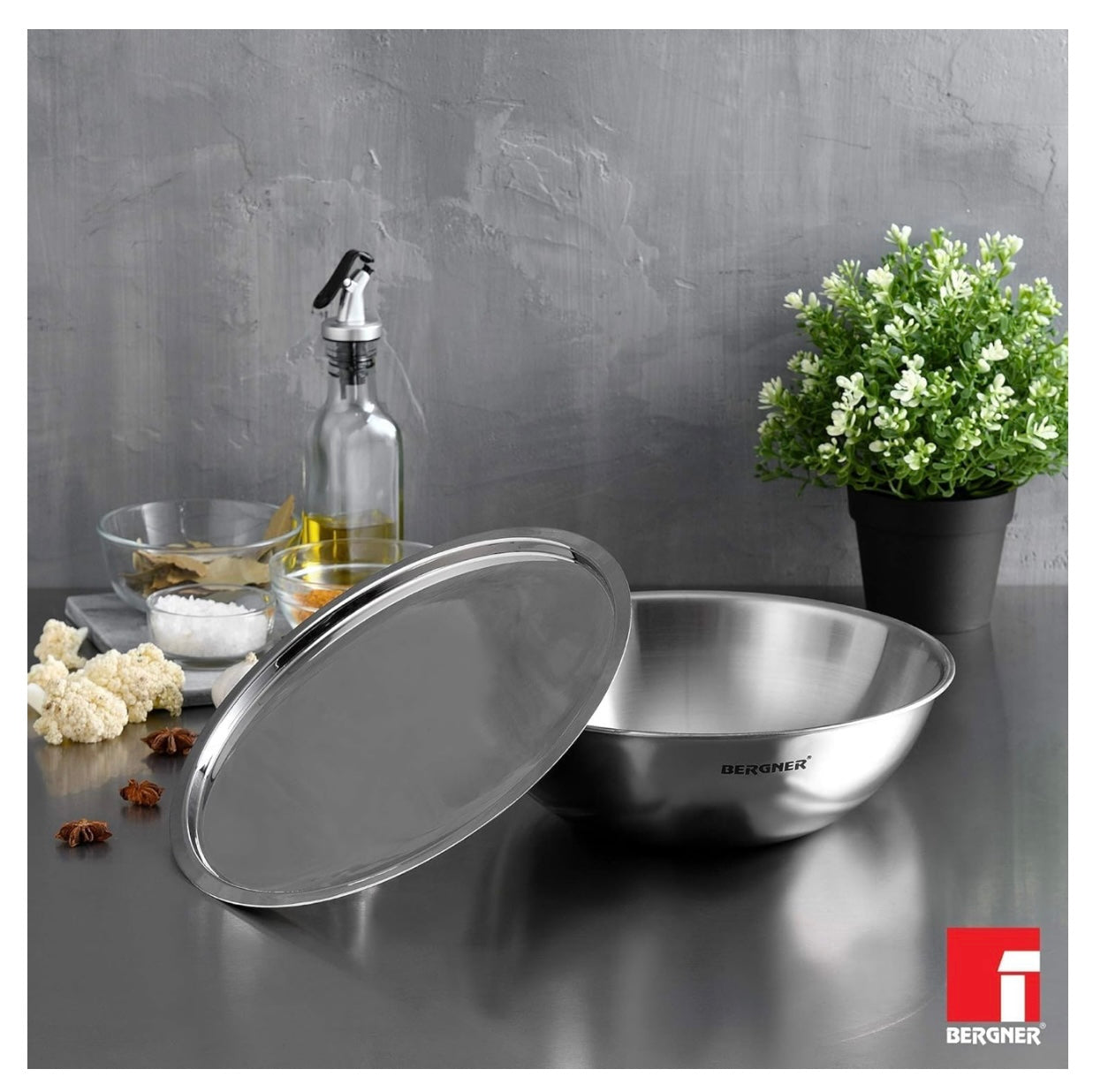 Bergner Argent TriPly Stainless Steel 16cm (1 L) Tasra with Stainless Steel Lid, Small Tasla with Lid, Food Safe, Less Oil Use, Healthy, Non-Toxic, Flared Rim, Durable - Induction Bottom and Gas Ready