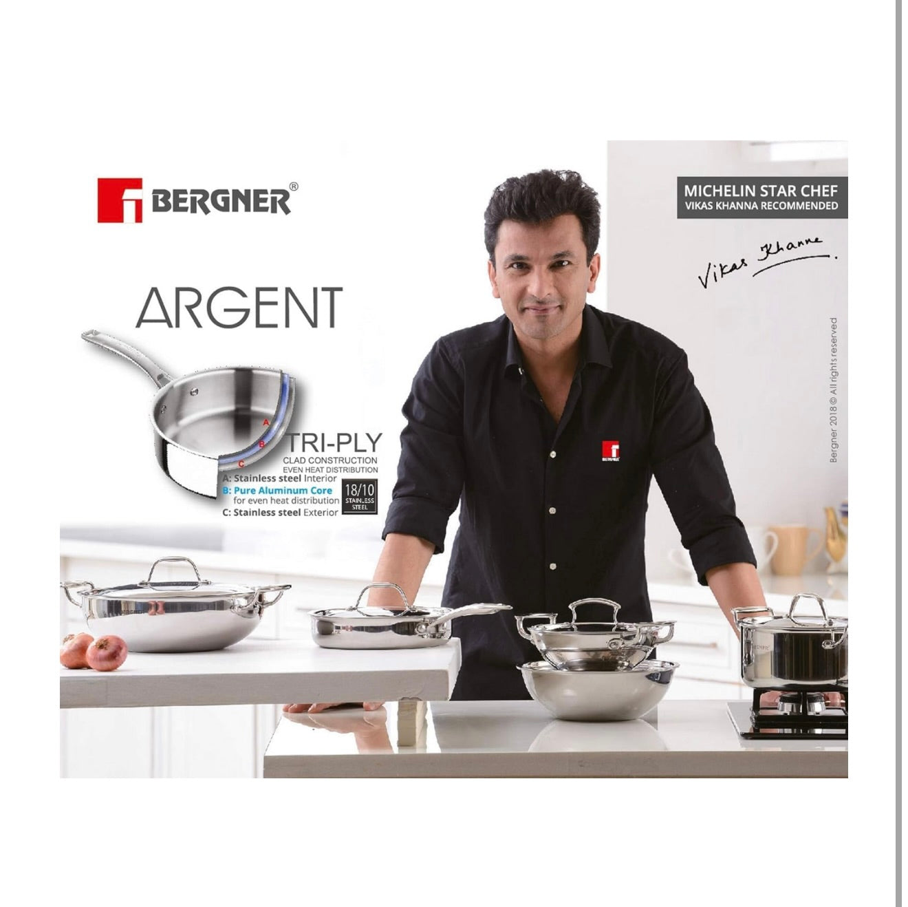 Bergner Argent TriPly Stainless Steel 22cm Casserole with Stainless Steel Lid, 4.1 Liters Casserole, Stay Cool Cast Handle, Less Oil Use, Healthy Cooking, Food Safe, Durable - Induction and Gas Ready