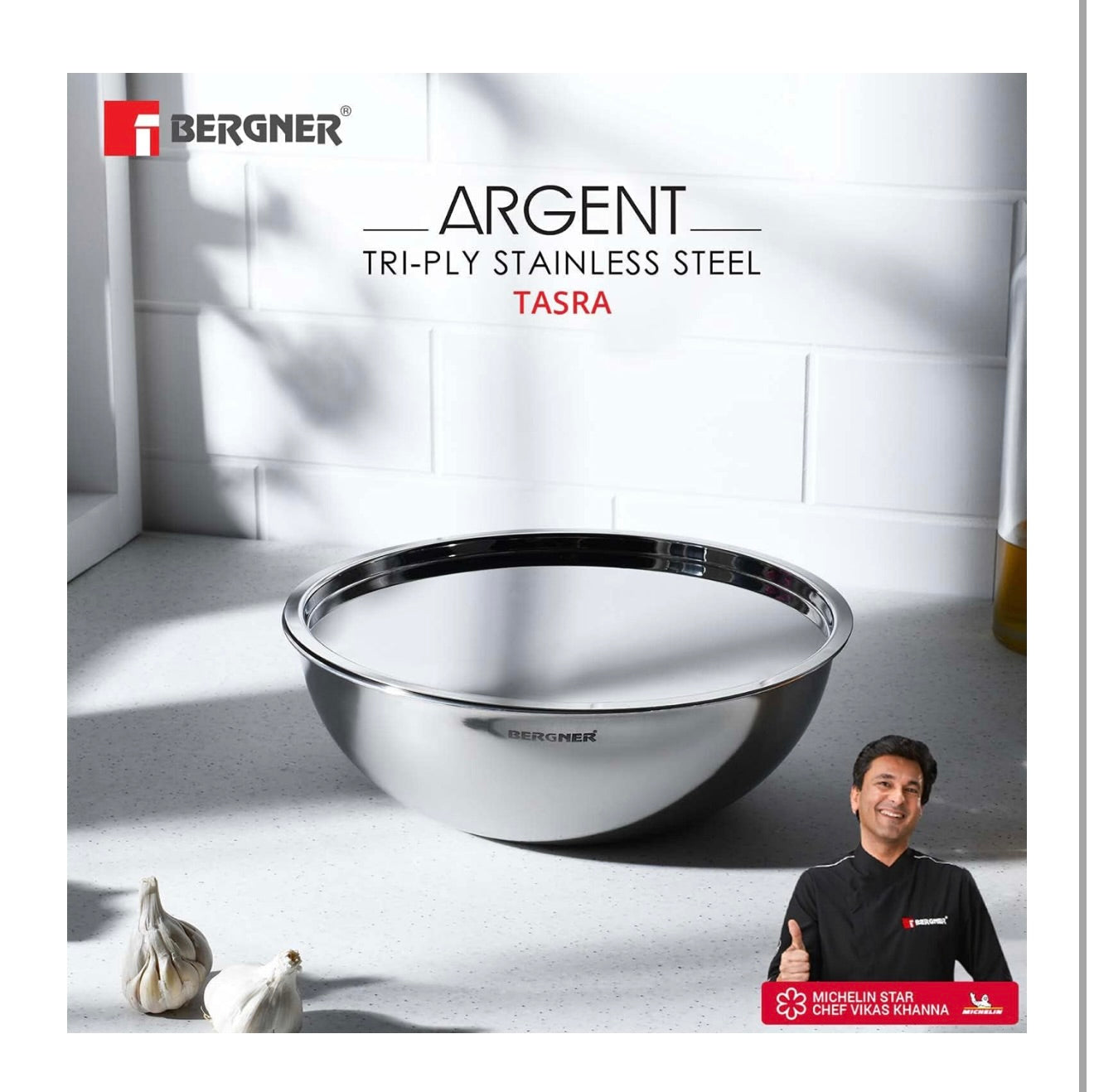 Bergner Argent TriPly Stainless Steel 16cm (1 L) Tasra with Stainless Steel Lid, Small Tasla with Lid, Food Safe, Less Oil Use, Healthy, Non-Toxic, Flared Rim, Durable - Induction Bottom and Gas Ready