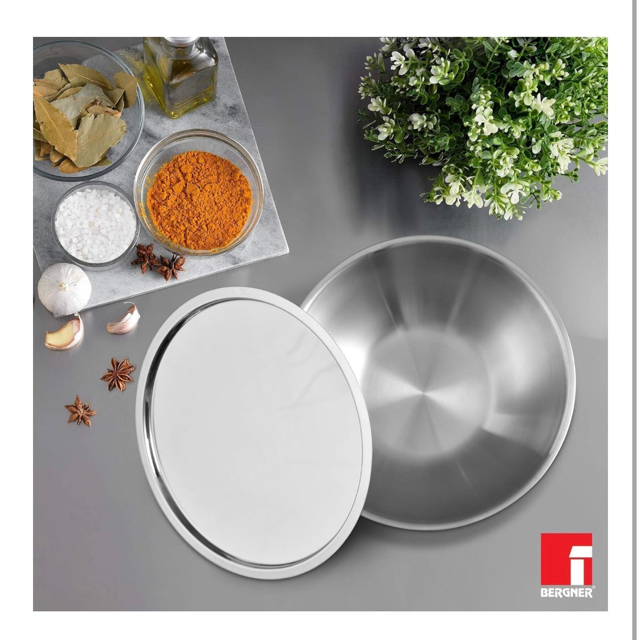 Bergner Argent TriPly Stainless Steel 16cm (1 L) Tasra with Stainless Steel Lid, Small Tasla with Lid, Food Safe, Less Oil Use, Healthy, Non-Toxic, Flared Rim, Durable - Induction Bottom and Gas Ready