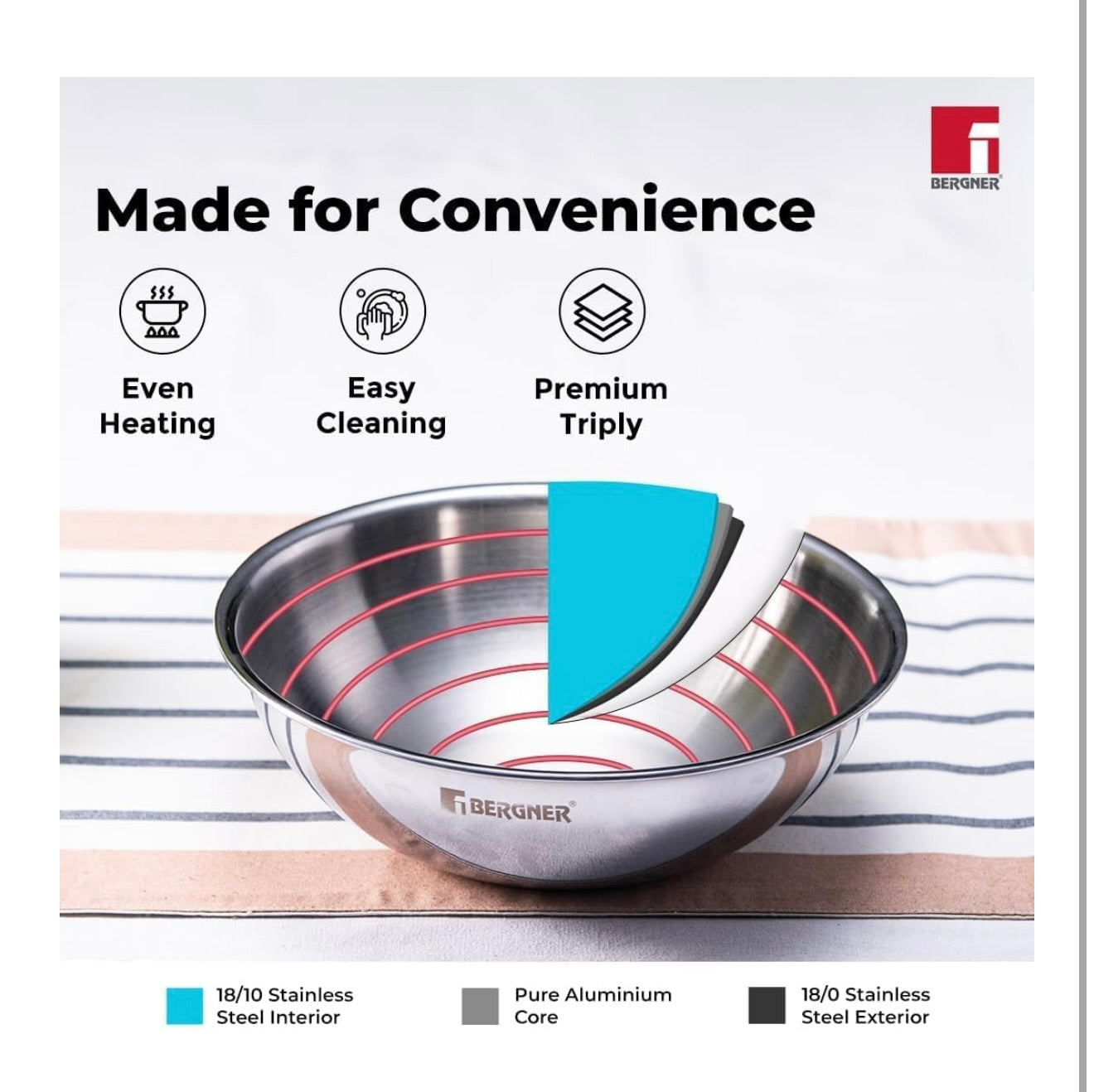 Bergner Argent TriPly Stainless Steel 16cm (1 L) Tasra with Stainless Steel Lid, Small Tasla with Lid, Food Safe, Less Oil Use, Healthy, Non-Toxic, Flared Rim, Durable - Induction Bottom and Gas Ready