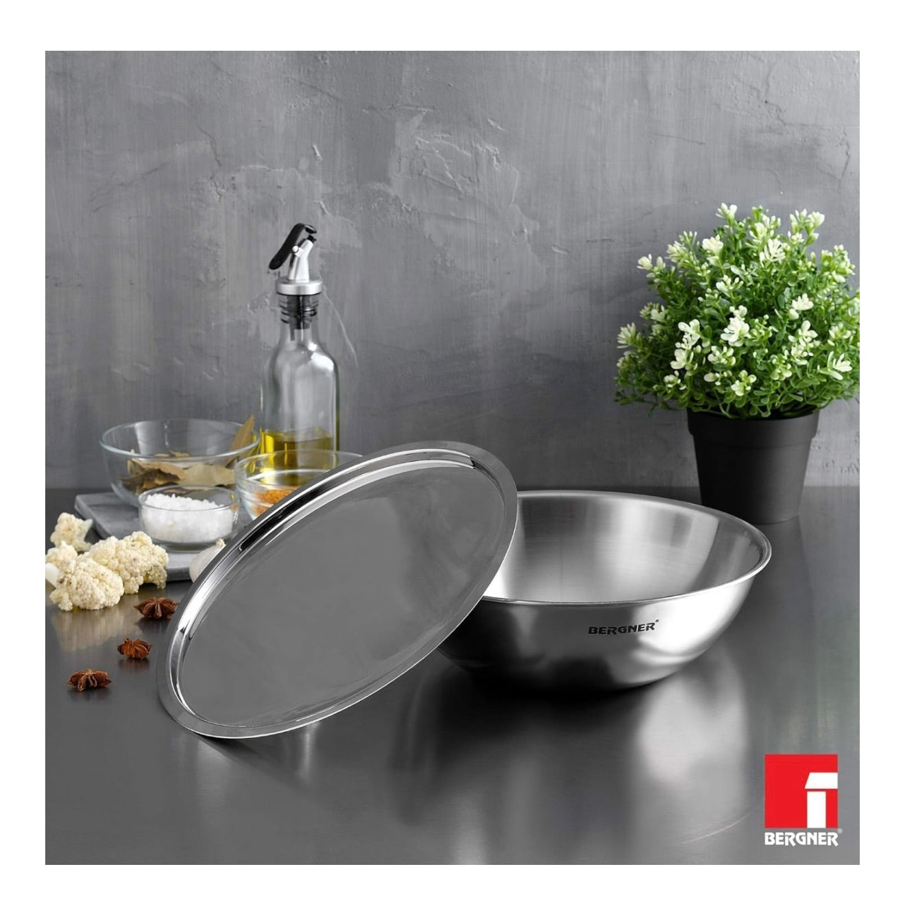 Bergner Argent Triply 18 cm Tasla/Kadai, 1.3 L Capacity, Cook/Serve, Stainless Steel Lid, for Deep-Fry/Sauté/Stir-Fry/Mixing/Desserts/Gravy, Multi-Layered Mirror Finish, Induction & Gas Ready