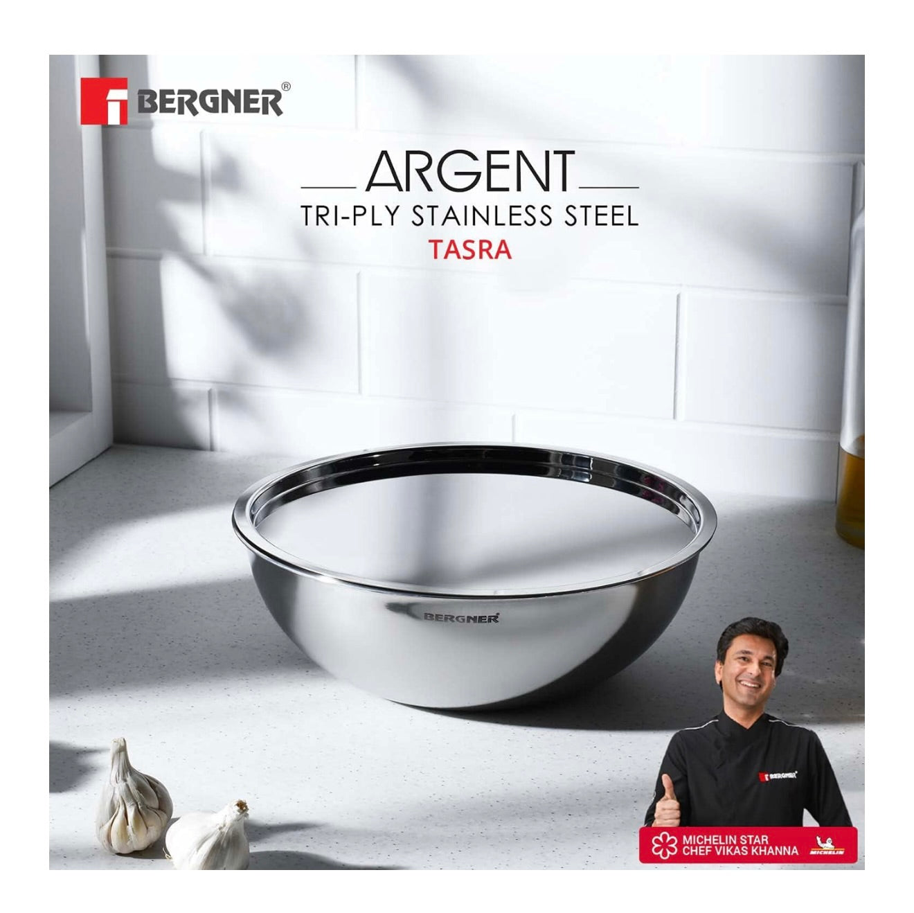 Bergner Argent Triply 18 cm Tasla/Kadai, 1.3 L Capacity, Cook/Serve, Stainless Steel Lid, for Deep-Fry/Sauté/Stir-Fry/Mixing/Desserts/Gravy, Multi-Layered Mirror Finish, Induction & Gas Ready
