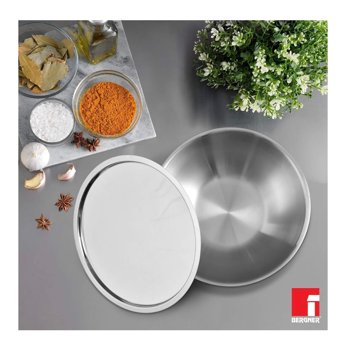 Bergner Argent Triply 18 cm Tasla/Kadai, 1.3 L Capacity, Cook/Serve, Stainless Steel Lid, for Deep-Fry/Sauté/Stir-Fry/Mixing/Desserts/Gravy, Multi-Layered Mirror Finish, Induction & Gas Ready