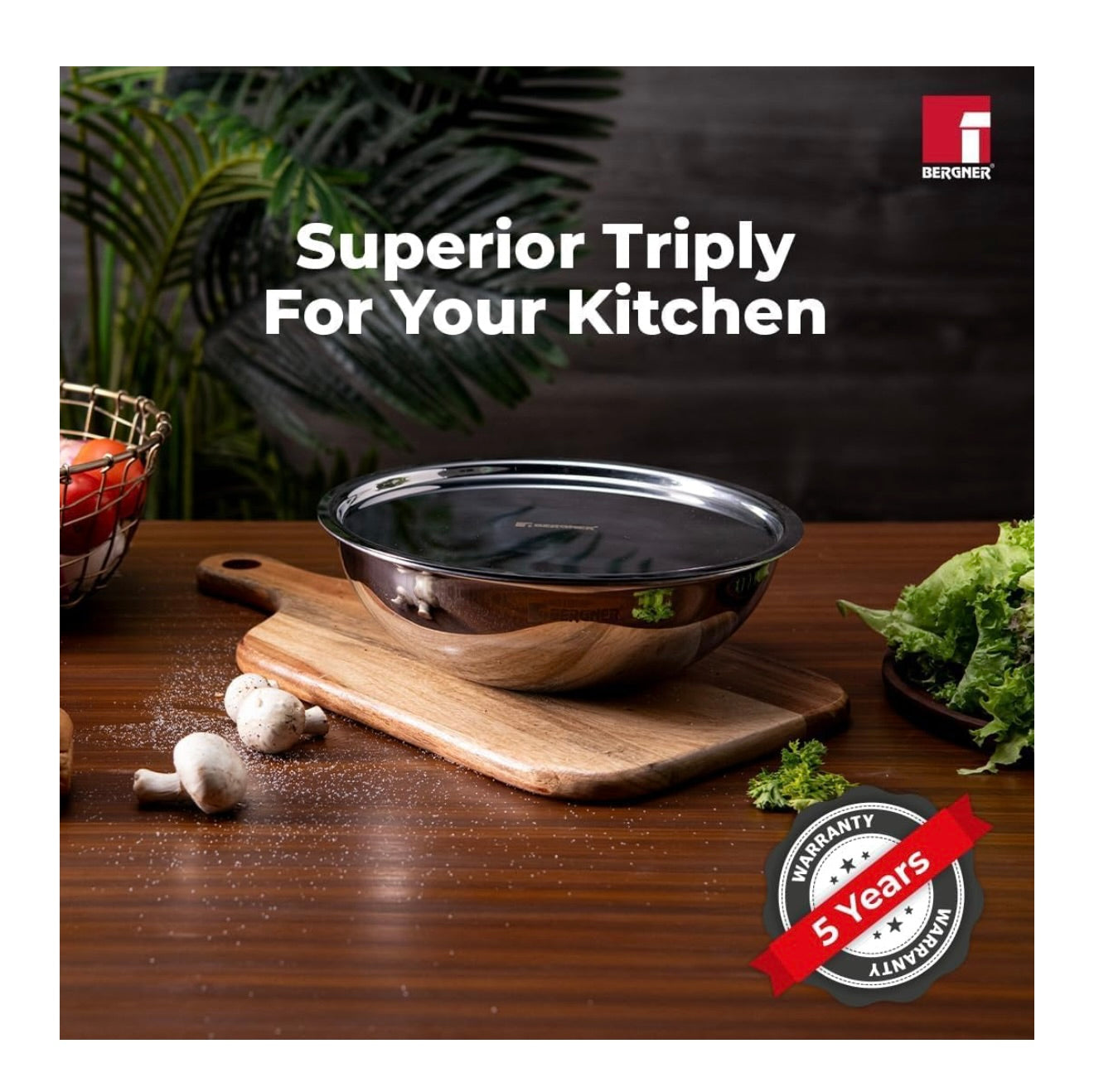 Bergner Argent Triply 18 cm Tasla/Kadai, 1.3 L Capacity, Cook/Serve, Stainless Steel Lid, for Deep-Fry/Sauté/Stir-Fry/Mixing/Desserts/Gravy, Multi-Layered Mirror Finish, Induction & Gas Ready