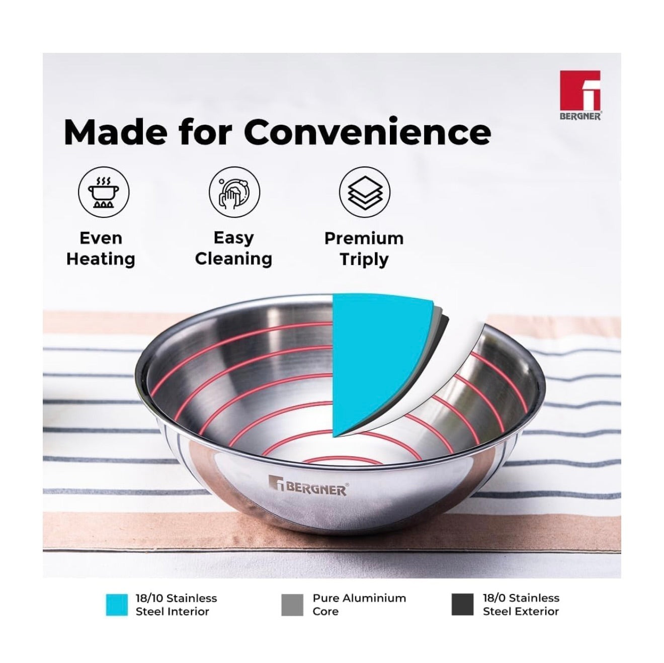 BERGNER Argent TriPly Stainless Steel 20 cm Tasra with Stainless Steel Lid, 1.5 LTR Tasla with Lid, Food Safe, Flared Rim, Durable, Dishwasher Safe, Induction Bottom and Gas Ready