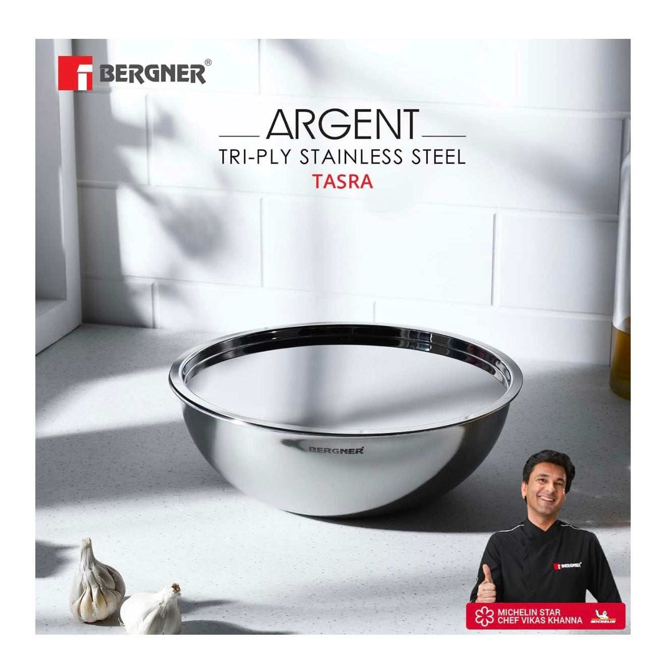 BERGNER Argent TriPly Stainless Steel 22 cm Tasra with Stainless Steel Lid, 1.6 LTR Tasla Lid, Food Safe, Flared Rim, Durable, Dishwasher Safe, 5-Year Warrantywith