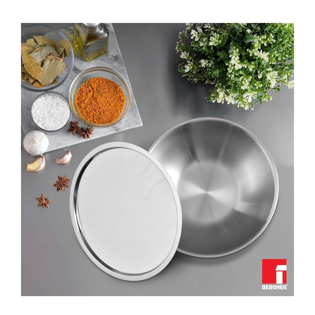 BERGNER Argent TriPly Stainless Steel 22 cm Tasra with Stainless Steel Lid, 1.6 LTR Tasla Lid, Food Safe, Flared Rim, Durable, Dishwasher Safe, 5-Year Warrantywith