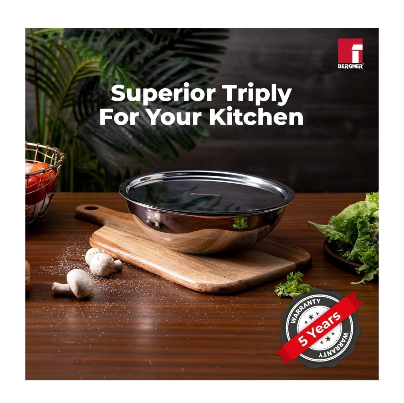 BERGNER Argent TriPly Stainless Steel 22 cm Tasra with Stainless Steel Lid, 1.6 LTR Tasla Lid, Food Safe, Flared Rim, Durable, Dishwasher Safe, 5-Year Warrantywith