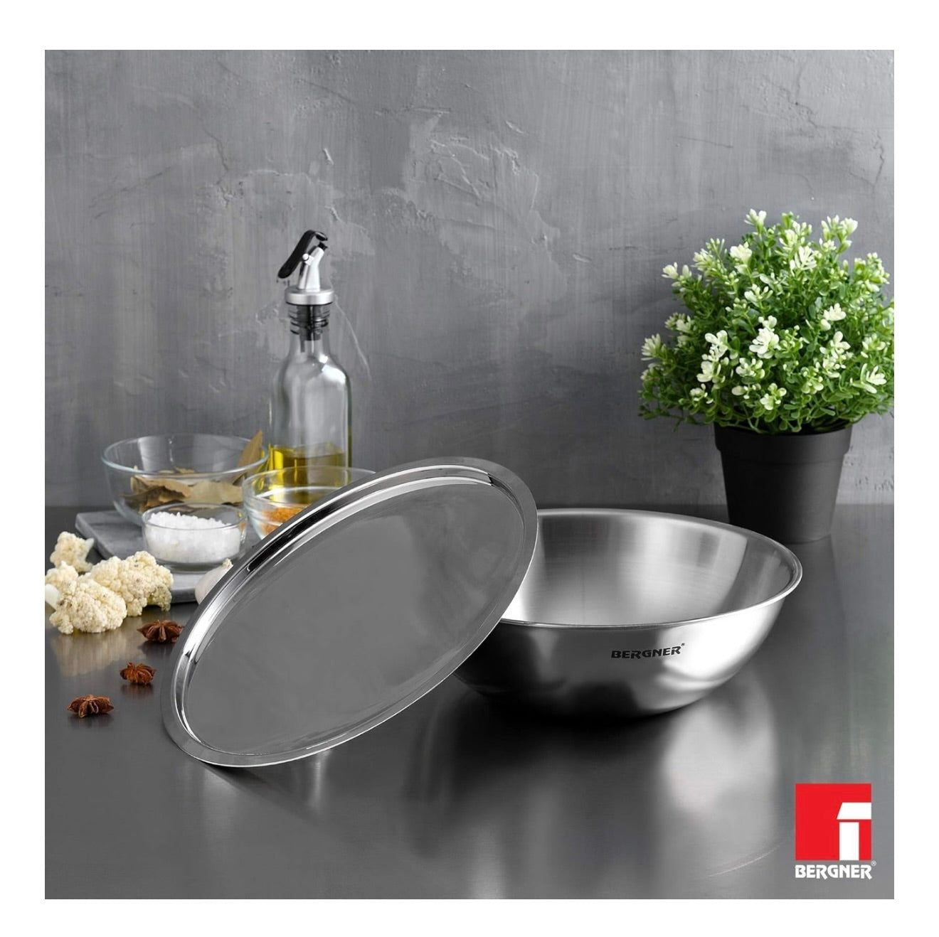 BERGNER Argent TriPly Stainless Steel 28 cm Tasra with Stainless Steel Lid, 4.3 LTR Tasla with Lid, Food Safe, Flared Rim, Durable, Dishwasher Safe, Induction Bottom and Gas Ready