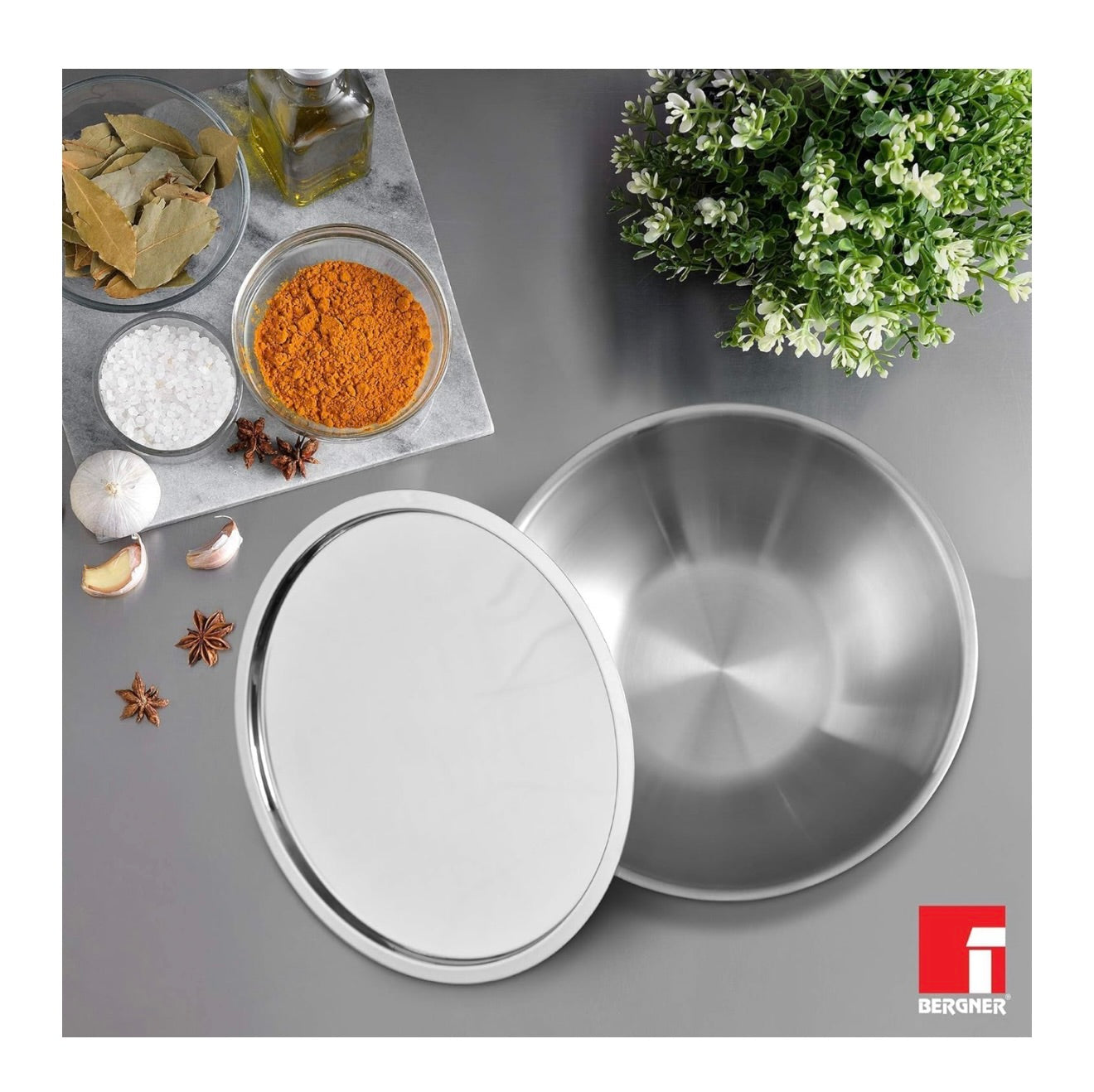 BERGNER Argent TriPly Stainless Steel 28 cm Tasra with Stainless Steel Lid, 4.3 LTR Tasla with Lid, Food Safe, Flared Rim, Durable, Dishwasher Safe, Induction Bottom and Gas Ready