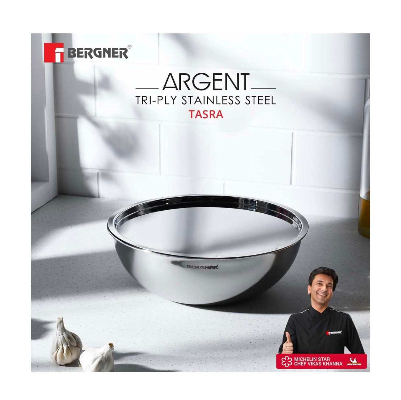Bergner Argent TriPly Stainless Steel 24cm (2.8 L) Tasra/Tasla without Lid, Less Oil Use, Healthy Cooking, Even and Faster Heat Distribution, Food Safe, 2.5mm Thickness - Induction and Gas Stove Ready