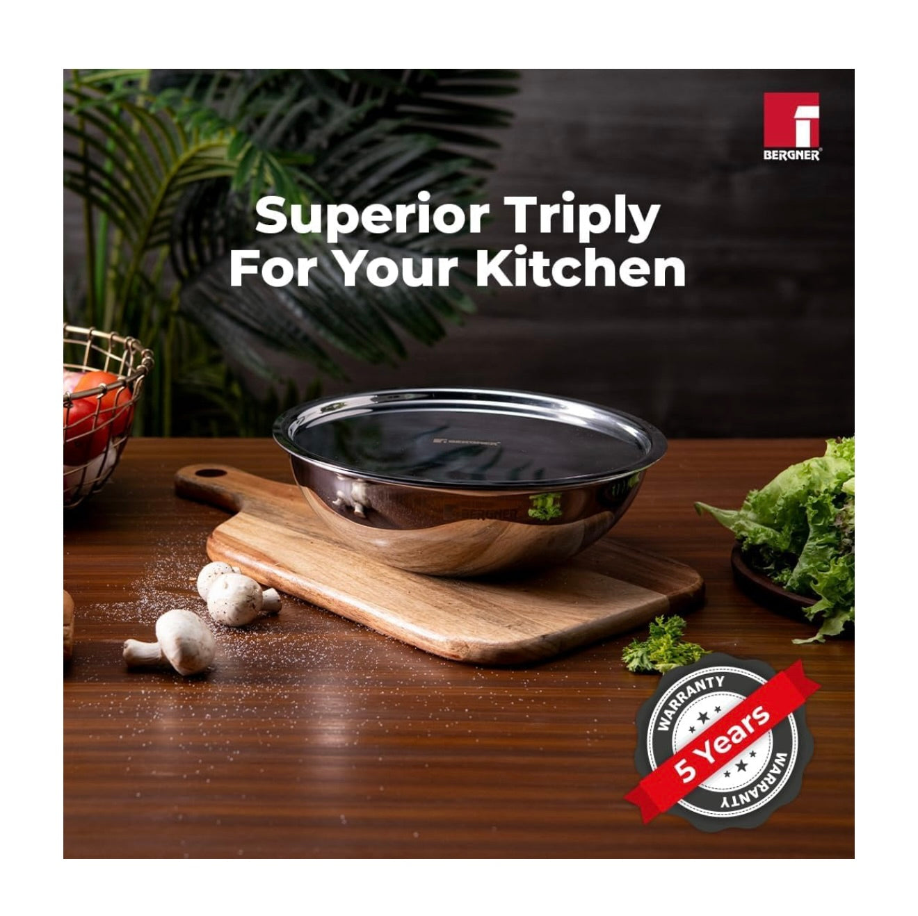 Bergner Argent TriPly Stainless Steel 24cm (2.8 L) Tasra/Tasla without Lid, Less Oil Use, Healthy Cooking, Even and Faster Heat Distribution, Food Safe, 2.5mm Thickness - Induction and Gas Stove Ready