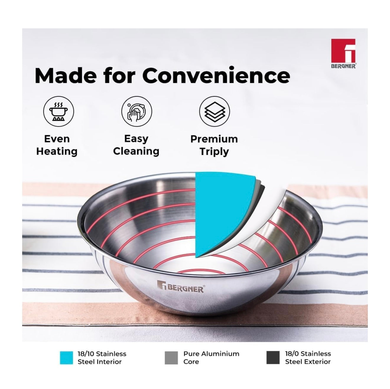 Bergner Argent TriPly Stainless Steel 24cm (2.8 L) Tasra/Tasla without Lid, Less Oil Use, Healthy Cooking, Even and Faster Heat Distribution, Food Safe, 2.5mm Thickness - Induction and Gas Stove Ready