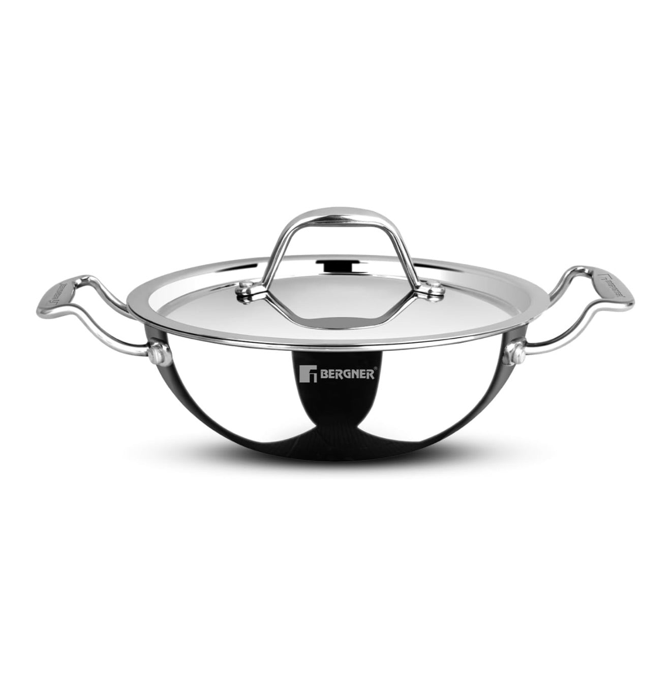 BERGNER Argent Junior Chef TriPly Stainless Steel 18cm Kadai with Stainless Steel Lid, 1.3 L Mini Kadhai, Durable Cookware, Less Oil Use, Healthy Cooking, Non-Toxic - Induction and Gas Stove Ready