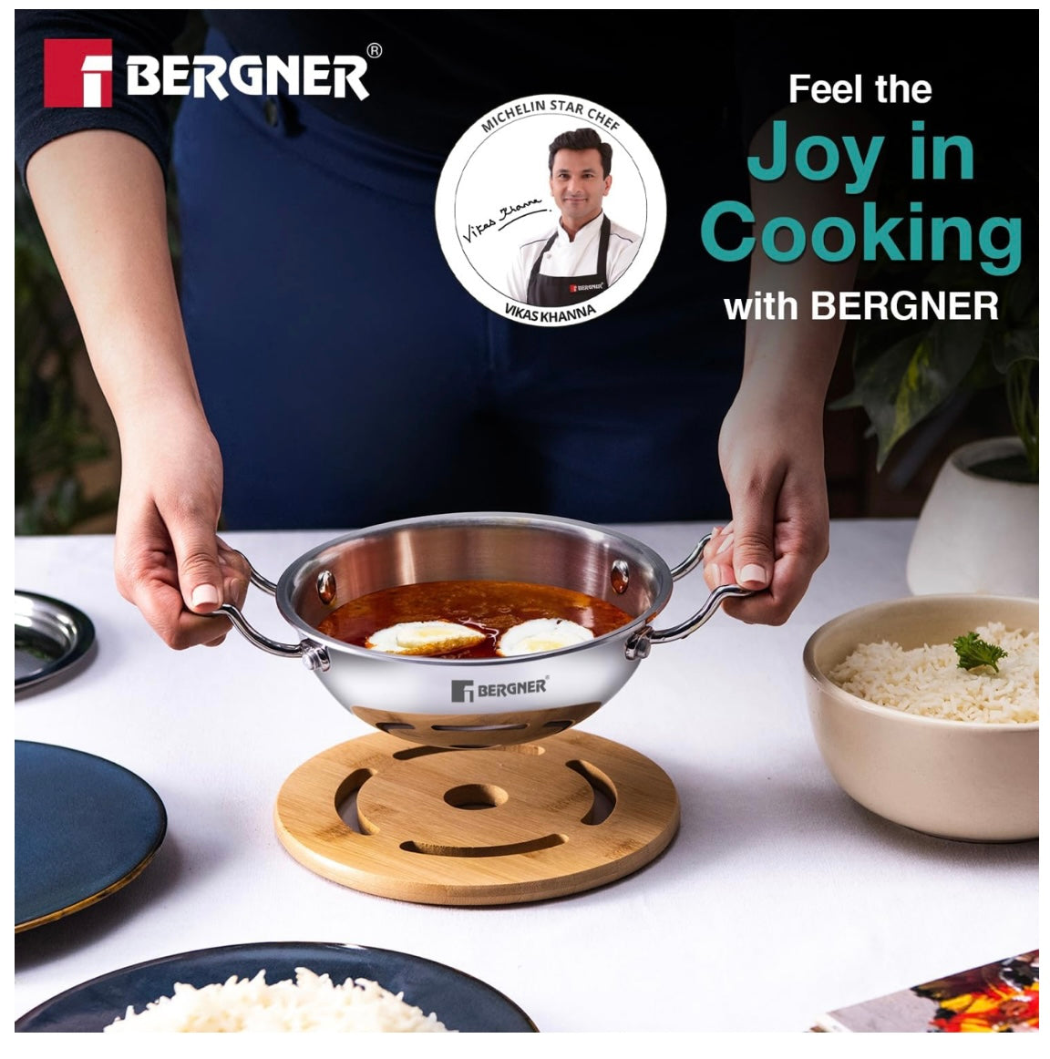 BERGNER Argent Junior Chef TriPly Stainless Steel 18cm Kadai with Stainless Steel Lid, 1.3 L Mini Kadhai, Durable Cookware, Less Oil Use, Healthy Cooking, Non-Toxic - Induction and Gas Stove Ready