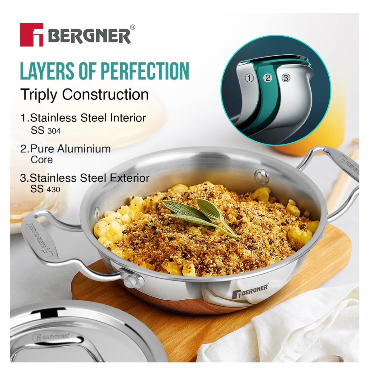 BERGNER Argent Junior Chef TriPly Stainless Steel 18cm Kadai with Stainless Steel Lid, 1.3 L Mini Kadhai, Durable Cookware, Less Oil Use, Healthy Cooking, Non-Toxic - Induction and Gas Stove Ready