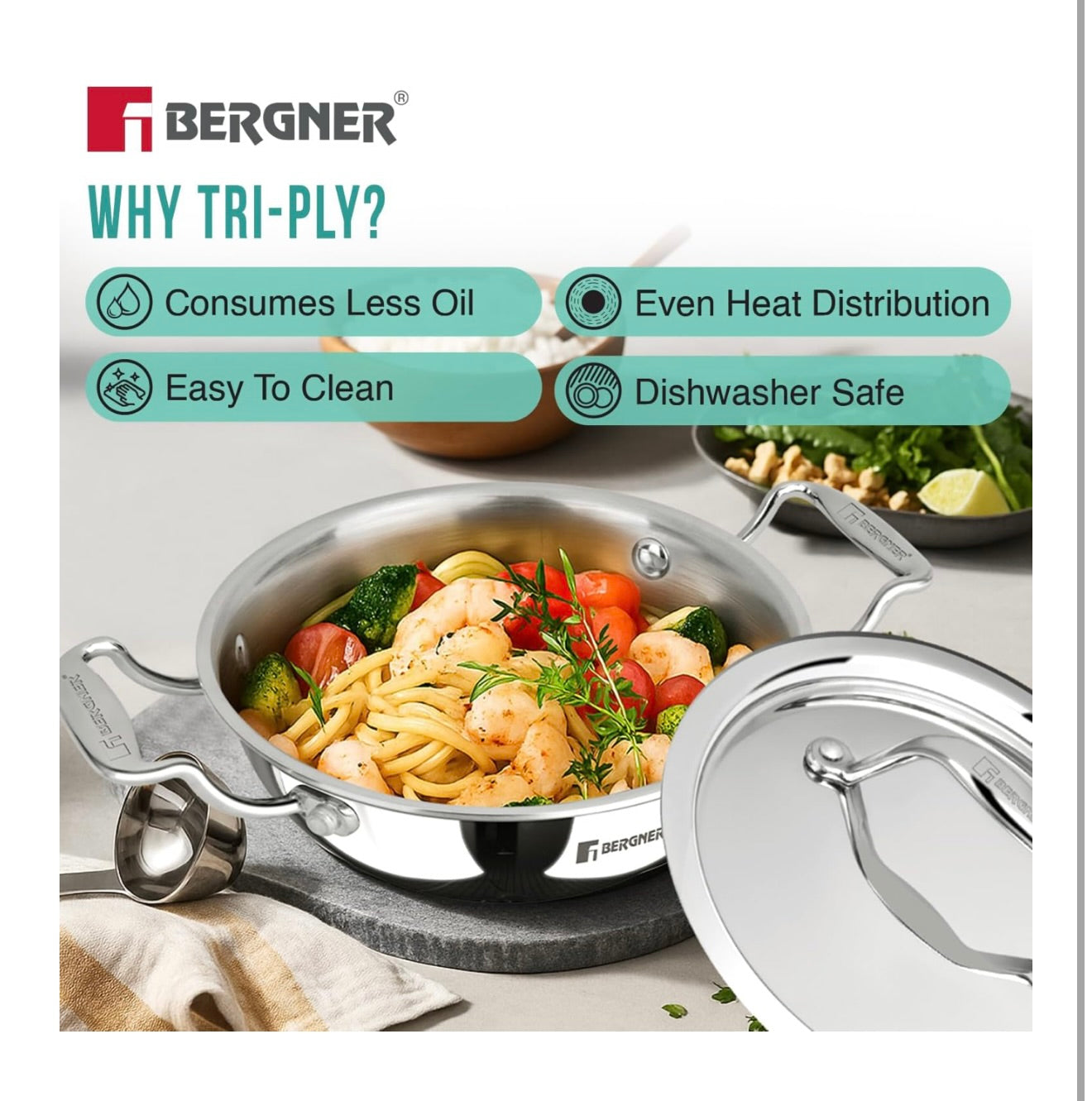 BERGNER Argent Junior Chef TriPly Stainless Steel 18cm Kadai with Stainless Steel Lid, 1.3 L Mini Kadhai, Durable Cookware, Less Oil Use, Healthy Cooking, Non-Toxic - Induction and Gas Stove Ready