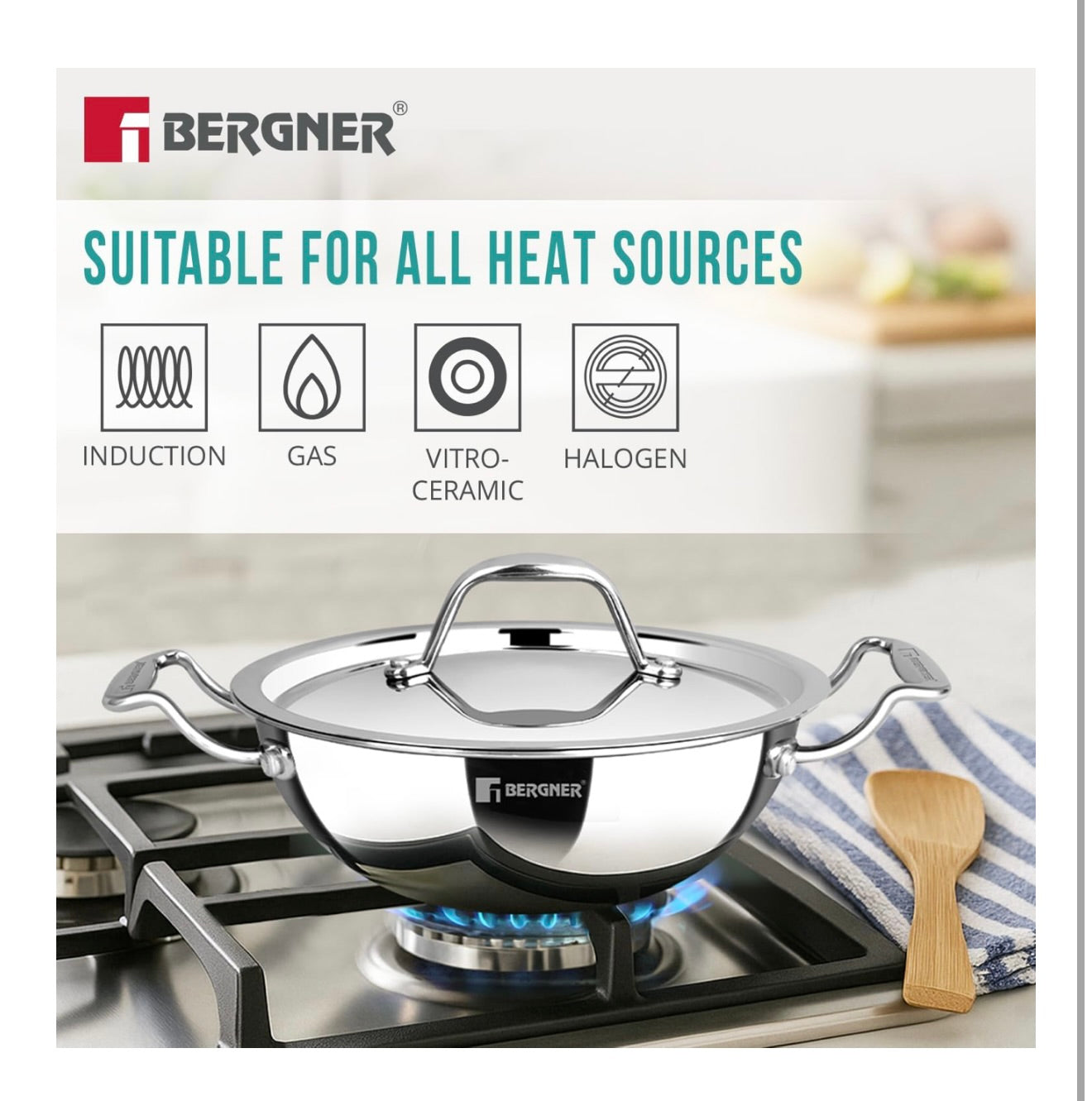 BERGNER Argent Junior Chef TriPly Stainless Steel 18cm Kadai with Stainless Steel Lid, 1.3 L Mini Kadhai, Durable Cookware, Less Oil Use, Healthy Cooking, Non-Toxic - Induction and Gas Stove Ready
