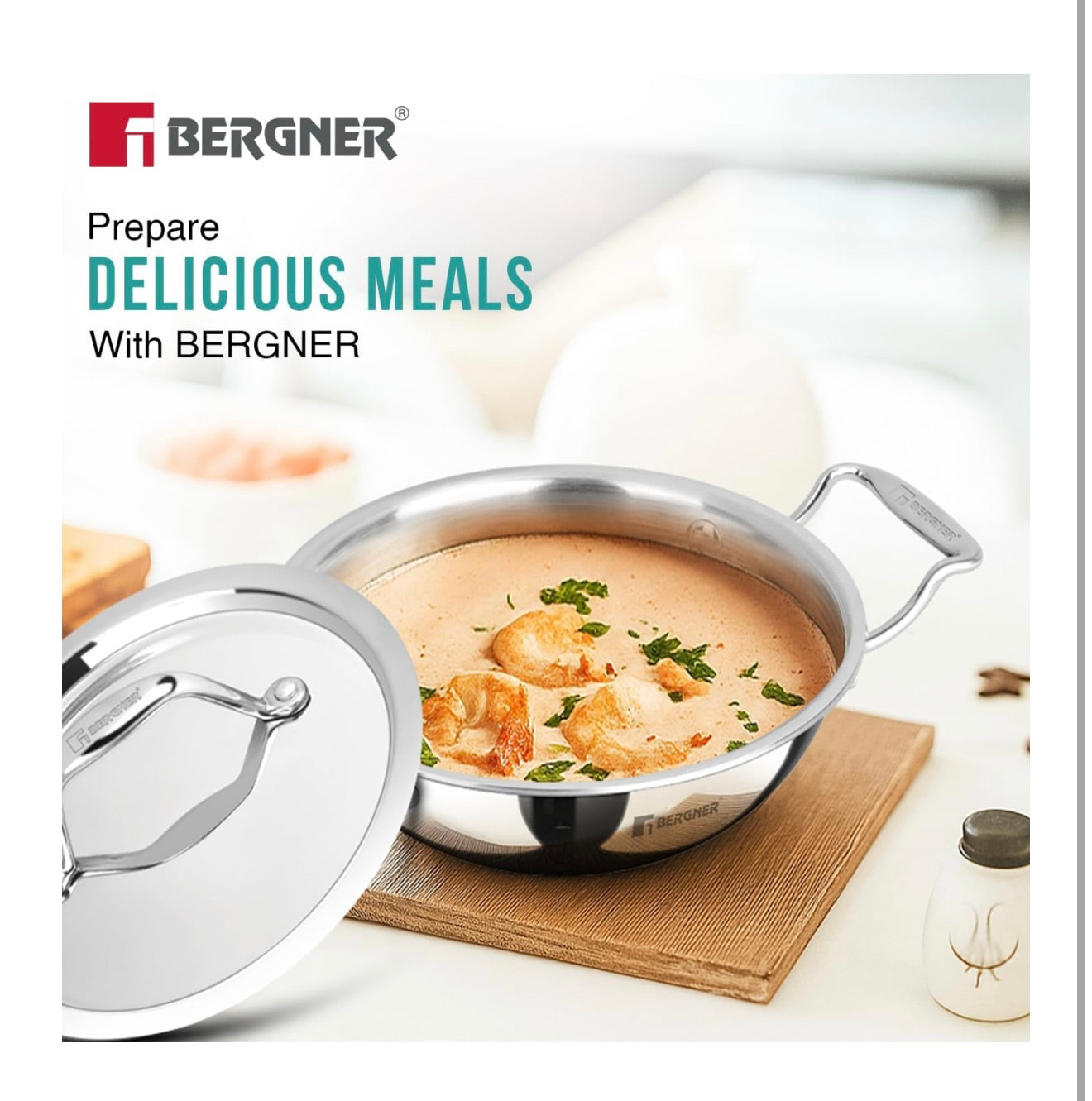 BERGNER Argent Junior Chef TriPly Stainless Steel 16cm Kadai with Stainless Steel Lid, 1.1 L Mini Kadhai, Durable Cookware, Less Oil Use, Healthy Cooking, Non-Toxic - Induction and Gas Stove Ready