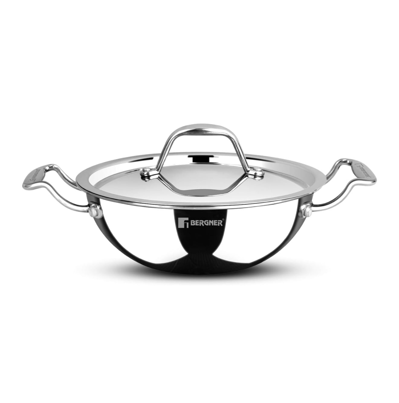 BERGNER Argent TriPly Stainless Steel 20cm Kadai with Stainless Steel Lid, 1.7 Liters Small Kadhai, Less Oil Use, Healthy Cooking, Food Safe, Stay Cool Cast Handles - Induction and Gas Stove Ready