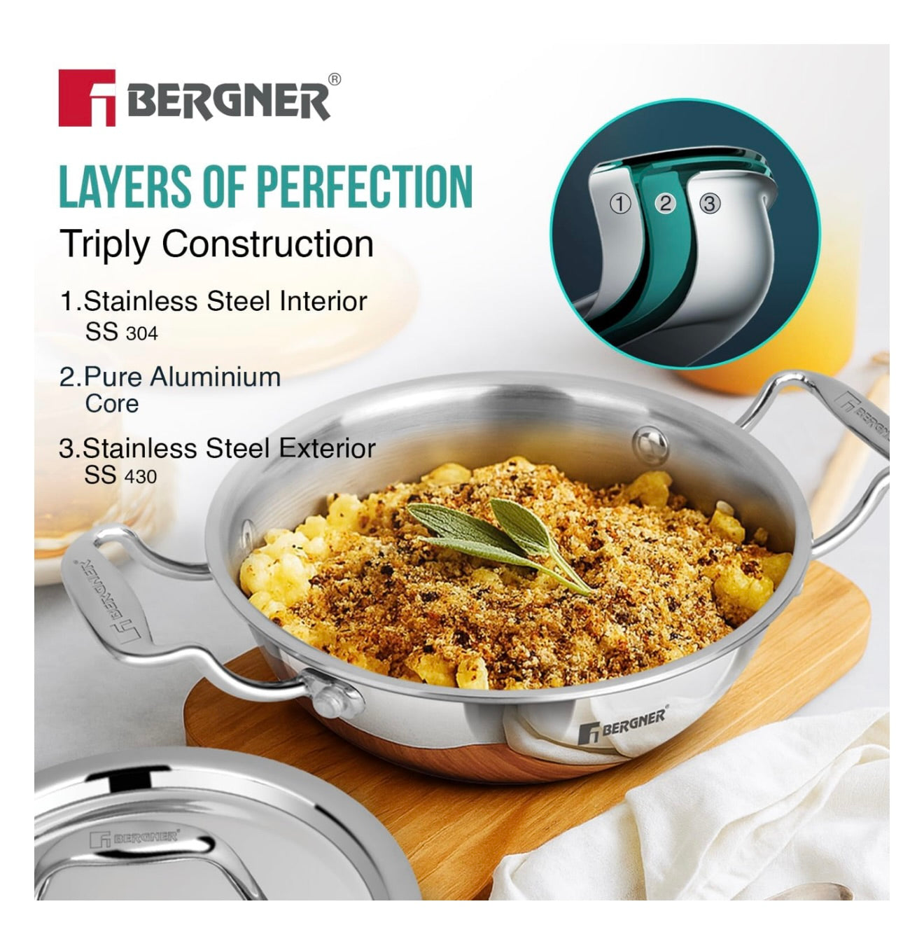 BERGNER Argent TriPly Stainless Steel 20cm Kadai with Stainless Steel Lid, 1.7 Liters Small Kadhai, Less Oil Use, Healthy Cooking, Food Safe, Stay Cool Cast Handles - Induction and Gas Stove Ready